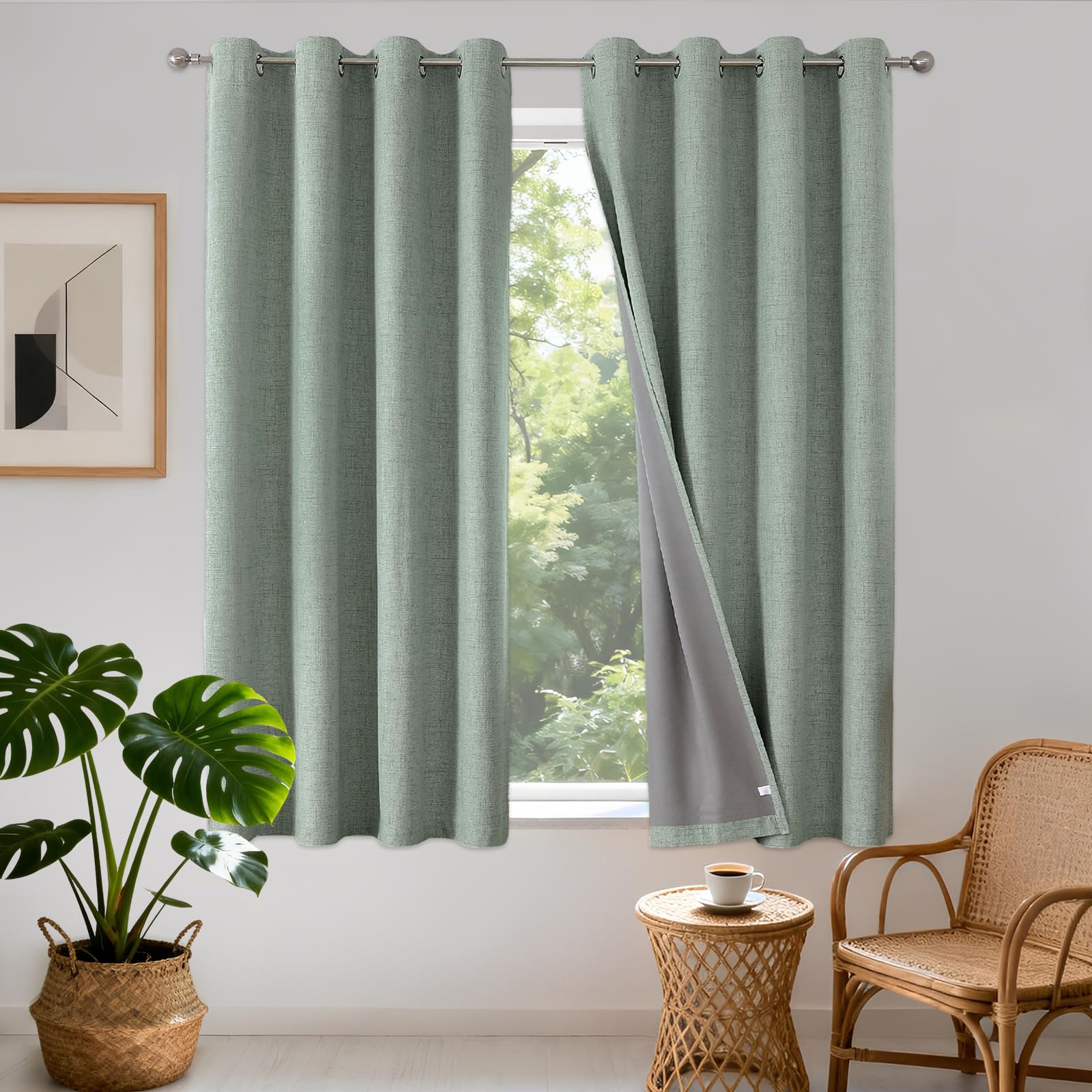 100% Blackout Lined Curtains W46 x L54 Inch Drop, Linen Look Textured Thermal Insulated Eyelet Short Curtains with Coating Back Layer for Living Room Bedroom, Sage Green - 2 Panels