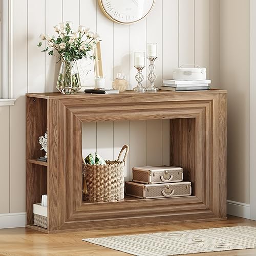 HOOBRO Mesa consola de granja, mesa de entrada de 43.3 pulgadas, mesa de sofá, mesa detrás del sofá con estantería de almacenamiento lateral, mesa