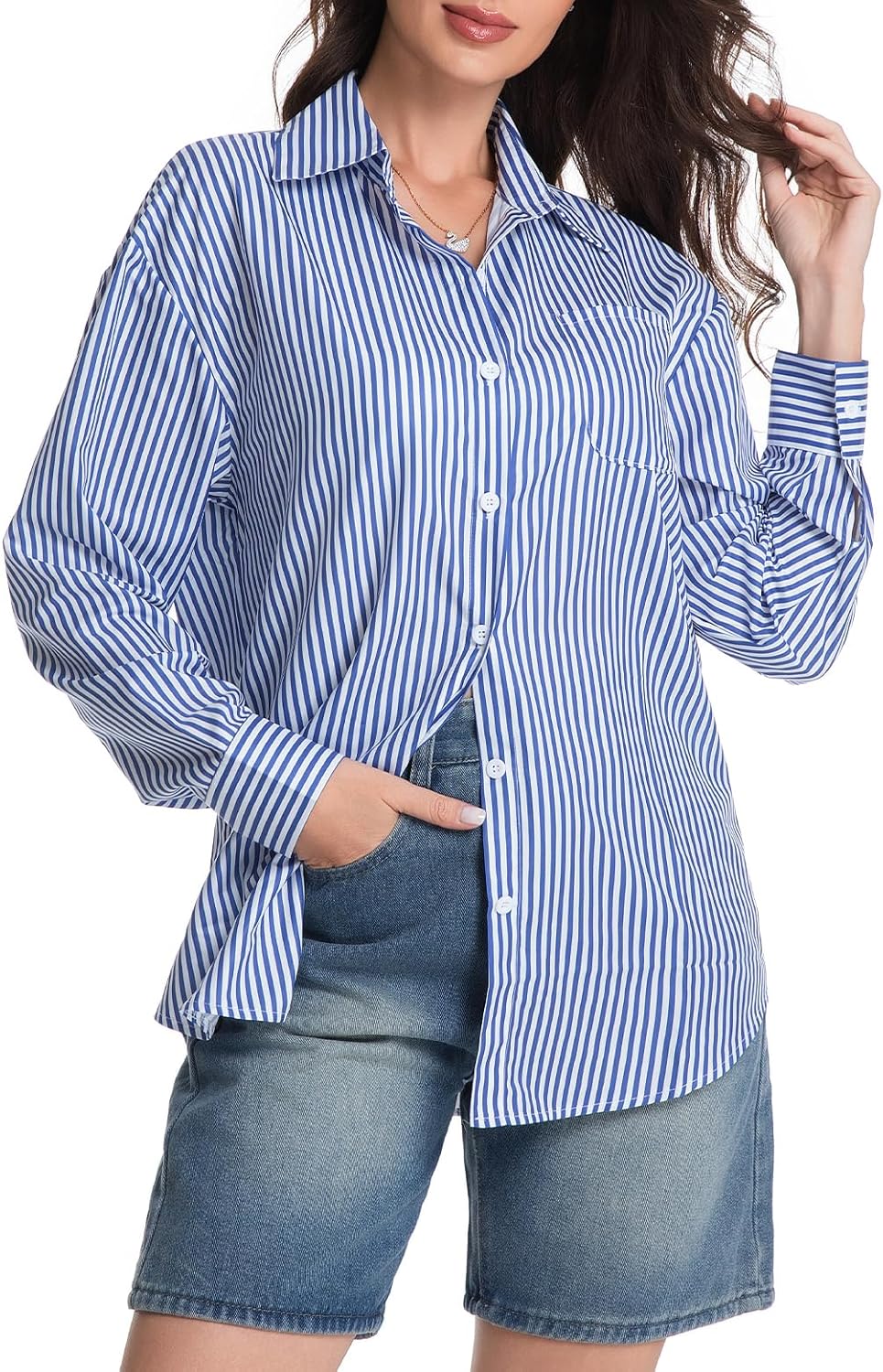 Striped Long Sleeve Button Down Shirts for Women Business Casual Collared Tops with Pockets - Image 7