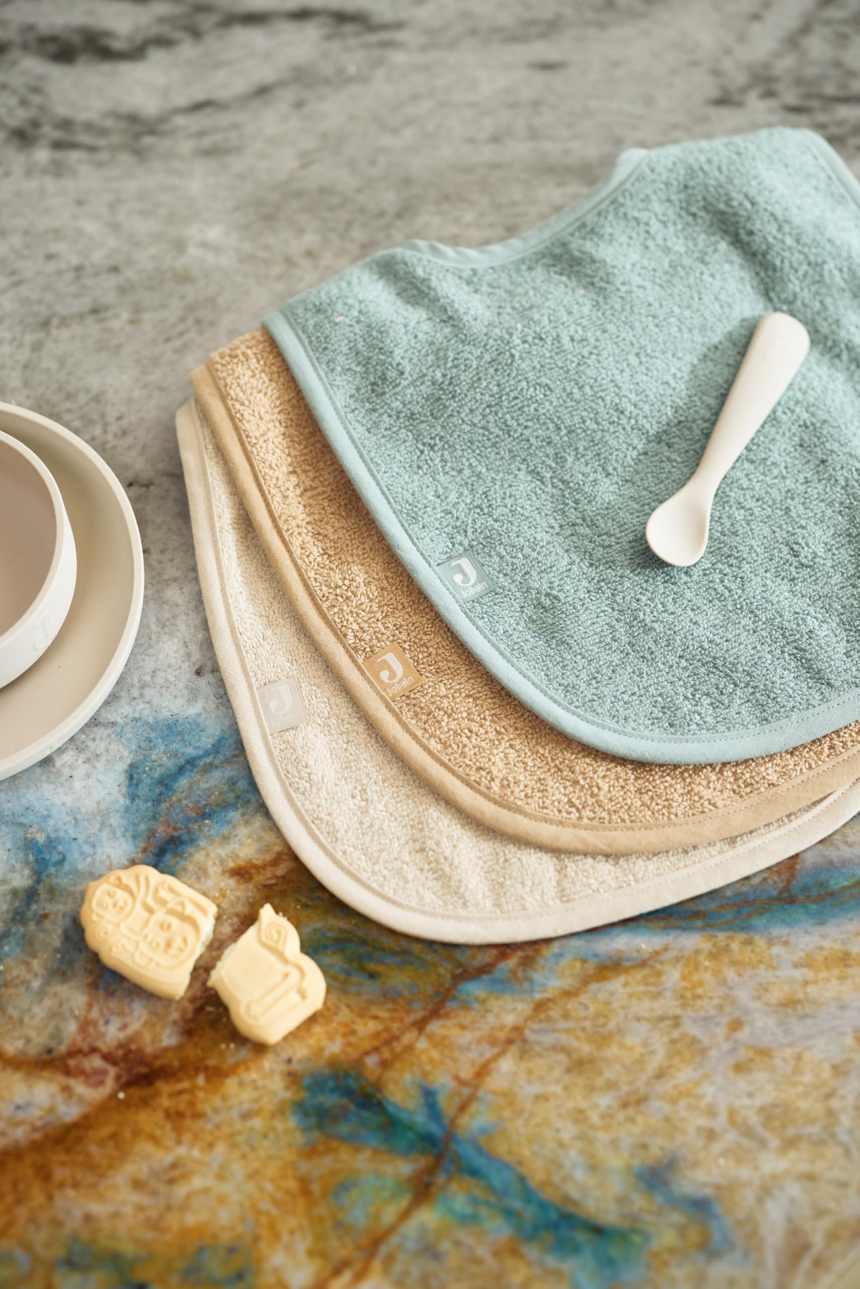 Jollein Śliniaczek dla niemowląt - frotte, Sea Green/nugat/Biscuit - 3-pak - 100% bawełna - z zapięciem na rzepy - śliniaczek niemowlęcy - śliniaczek dla niemowląt