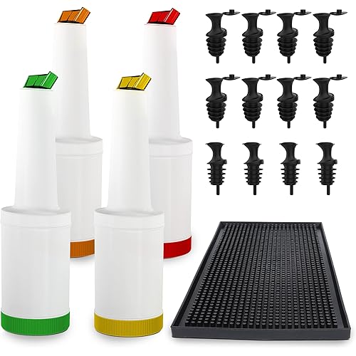 Store and Pour Juice Containers 1 Quart – Flow N Stow Fruit Juice Bottles – Easily Mix, Pour, Store - Bar Supplies Liquor and Juice Pouring Bottles - 1 bar mat for countertop - 12 pourers Pour spout