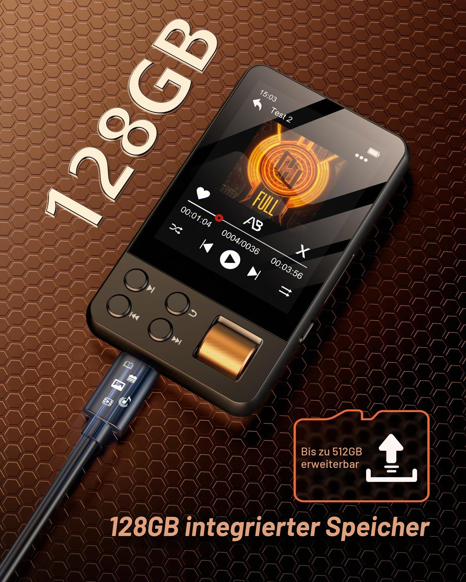 MP3 Player Bluetooth 5.4 mit vorinstallierter 128GB TF-Karte | MP3 Player Kinder mit Kopfhörer, 2,4 Zoll Touchscreen, für Audible Hörbücher, HiFi Klang, FM Radio, Sprachrekorder, TXT eBook