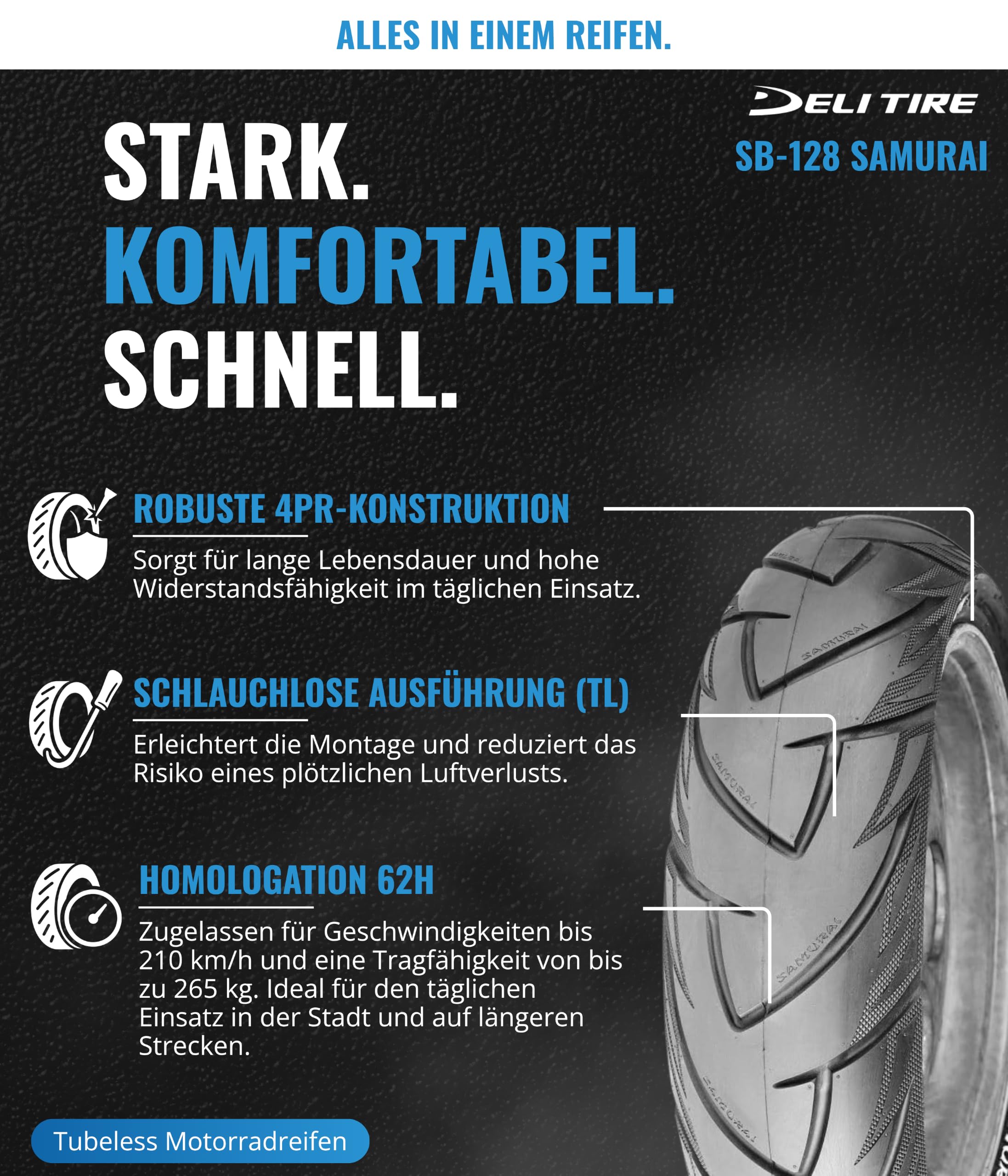 Motodak PNEU Moto 17" 130/70 X 17 Deli SB128R TL Samurai 62H (Route)
