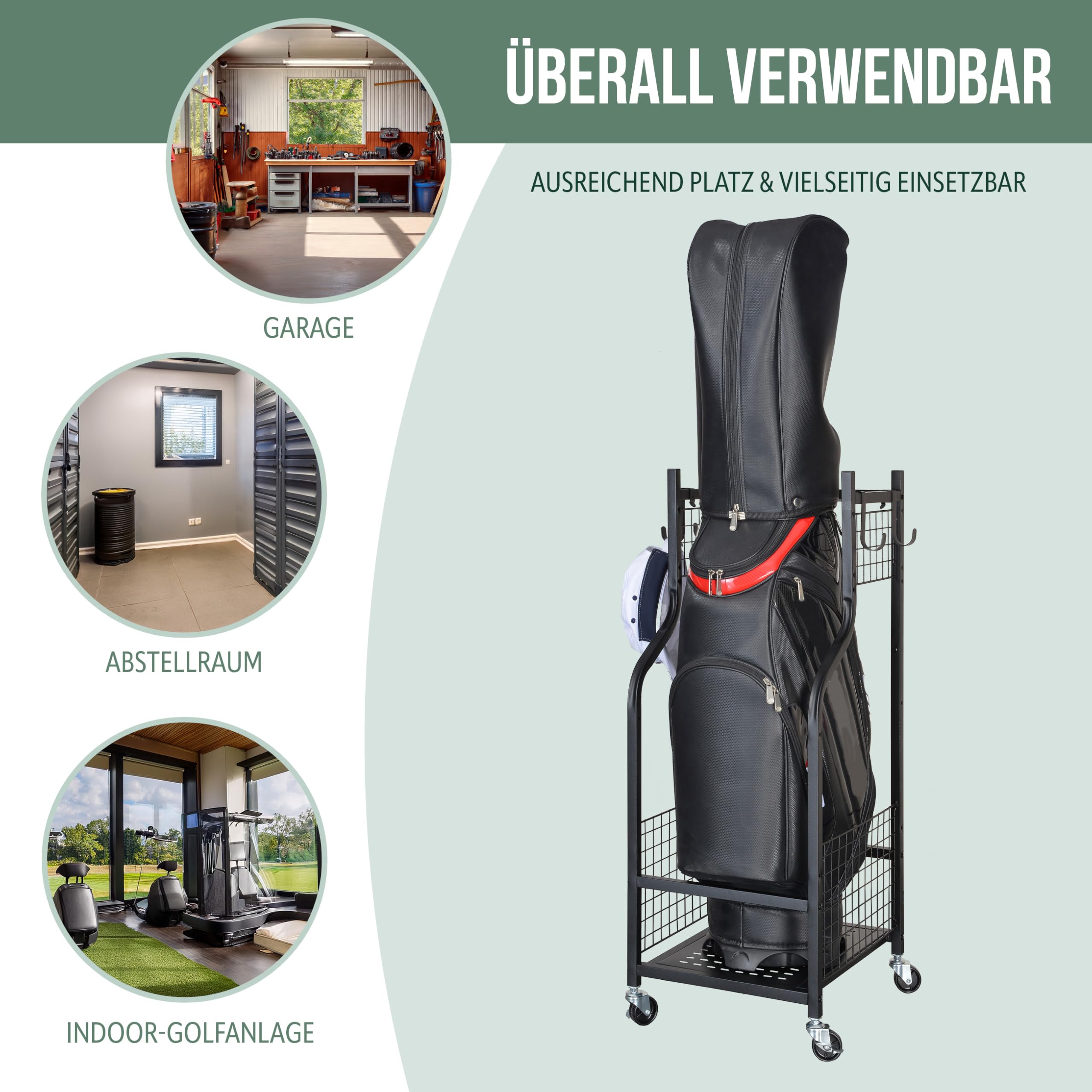 eluno Golftaschen-Organizer, stabiles Standregal mit extra Haken, Aufbewahrungsregal passend f�r 1 Golftasche und Golfausr�stungszubeh�r, Golftaschenhalter, aus schwarzem Stahl