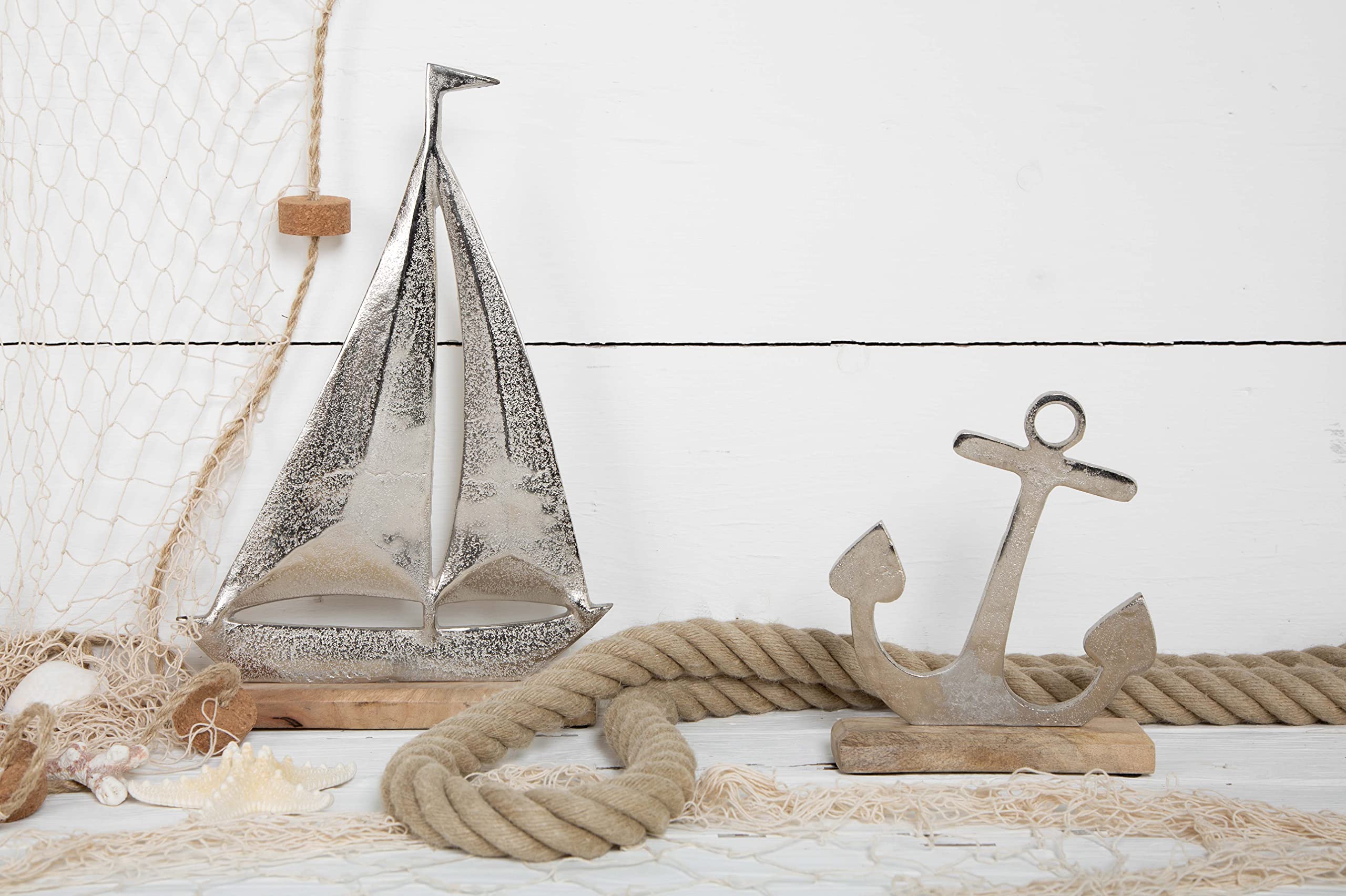 Logbuch-Verlag Lot De 6 Petits Voiliers En Bois Naturel Bleu 8 Cm Décoration Maritime Bateaux Décoration De Table Baptême Communion