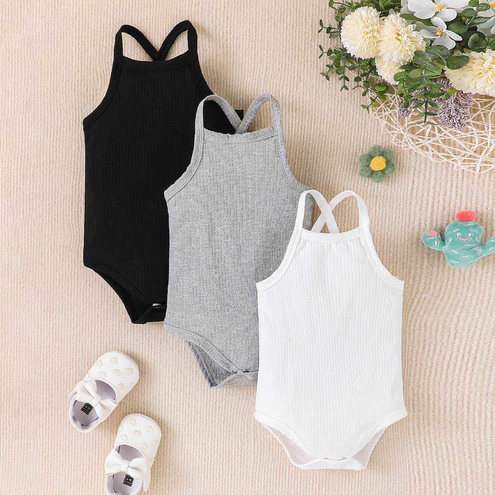 Newborn Baby Girl Boy Summer Romper Pack Tank Top Romper Sleeveless Solid One-piece Cami Bodysuit Ribbed Jumpsuit (A-Black White Gray, 12-18 Months)