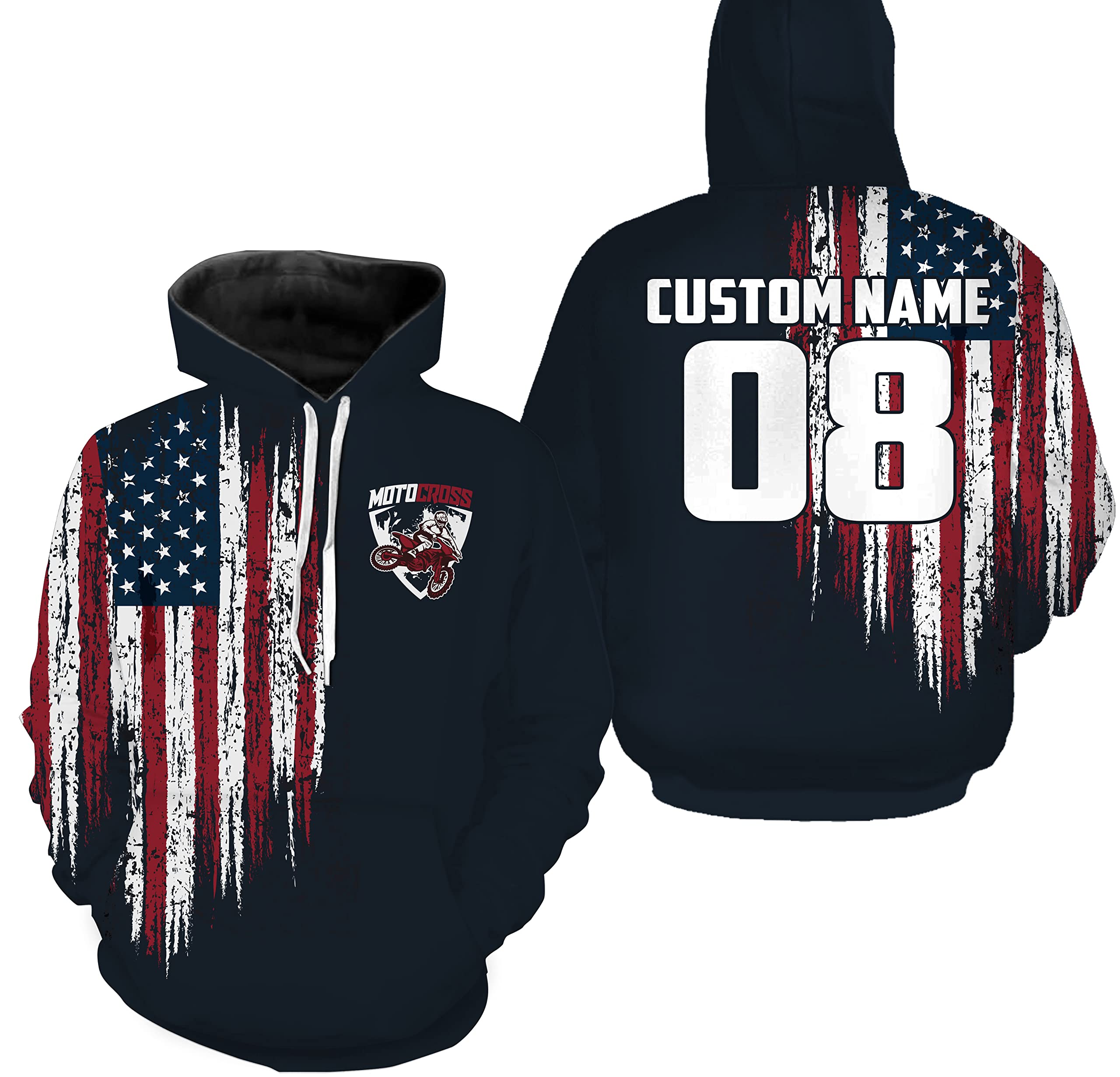 American Flag Motocross Adult Hoodie Personalized UPF30+ Patriotic Biker Hooded Long Sleeve Off-Road Motorcycle PDT424 (USA Motocross 1)