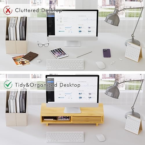 Miniatura 5 de Zri Bamboo Soporte para monitor de computadora con cajón, soporte doble para computadora portátil, elevador de monitor único con almacenamiento,
