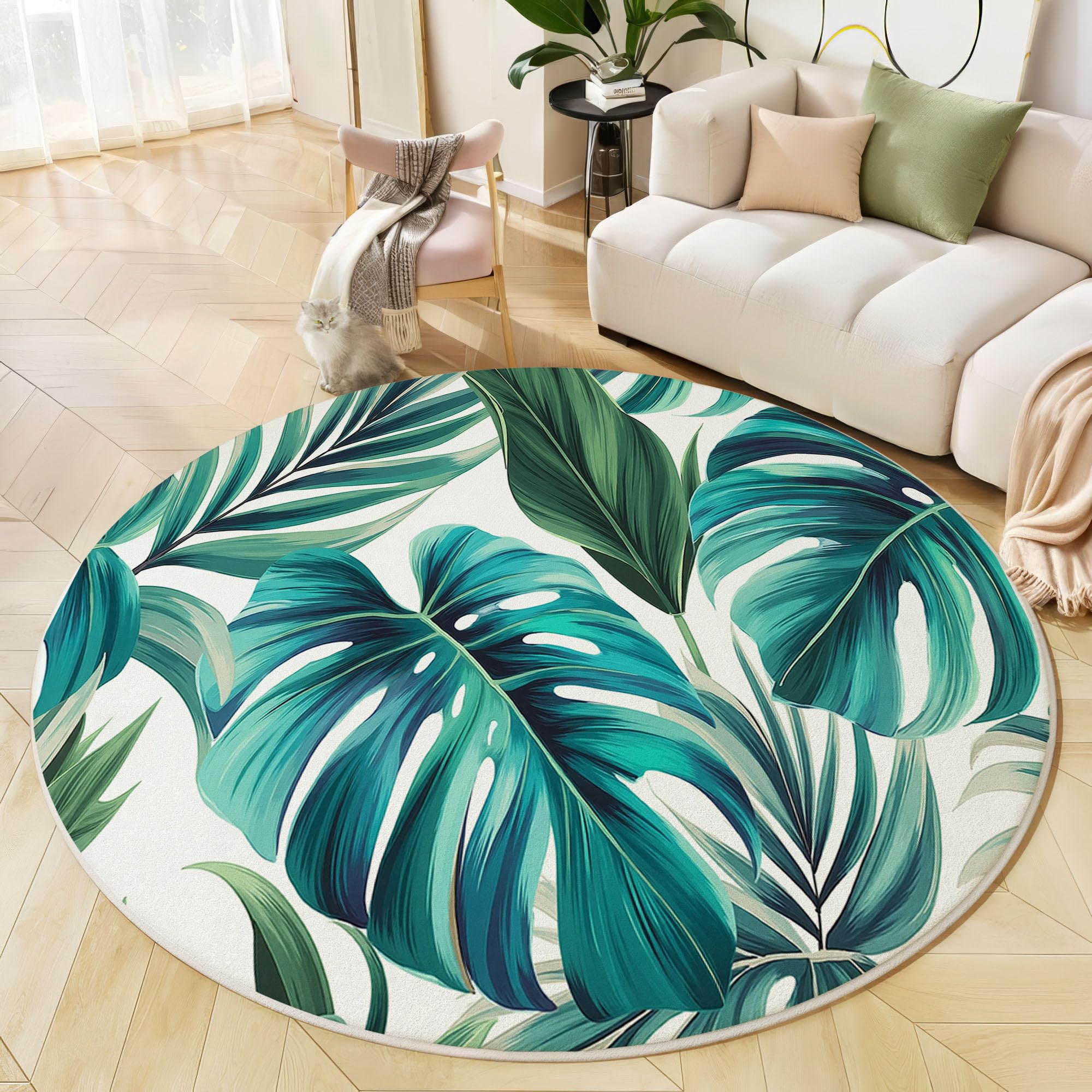 Tapis rond 180cm lavable bleu-vert à motif monstera pour salon