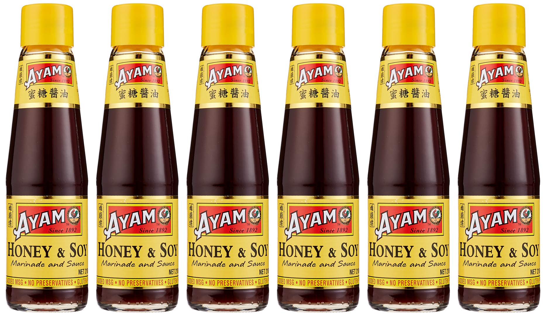 AYAM Honey Soy Marinade & Sauce - Sweet Flavour - Ideal for Home Cooking - Marinades, Grills and Sushi - Gluten-Free - Non-GMO, No Added MSG, No Preservatives - 210ml - Pack of 6