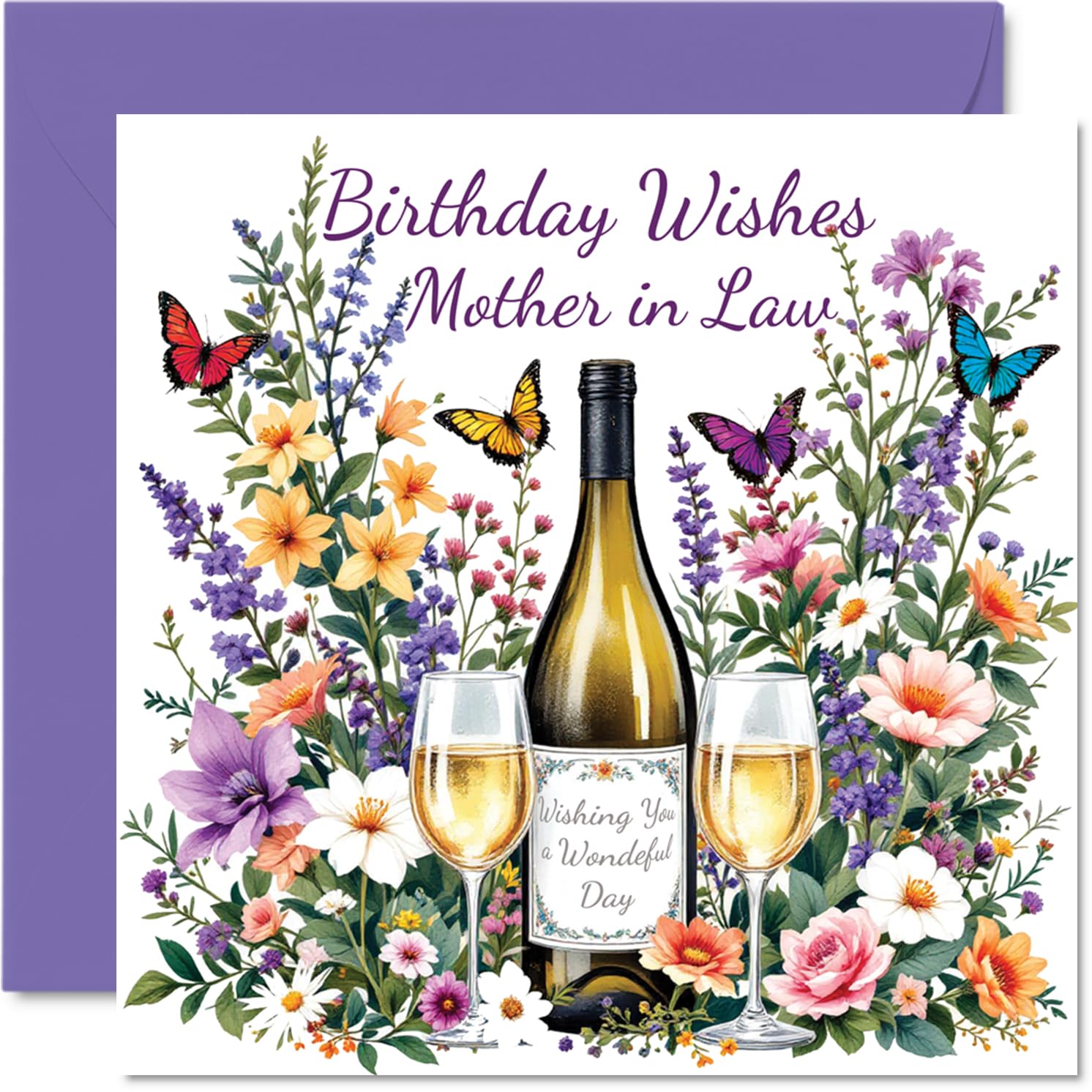 Mother in Law Birthday Card - Flowers & Wine - Happy Birthday Card for Mother in Law from Son Daughter, 145mm Flowers & Wine Bday Greeting Cards