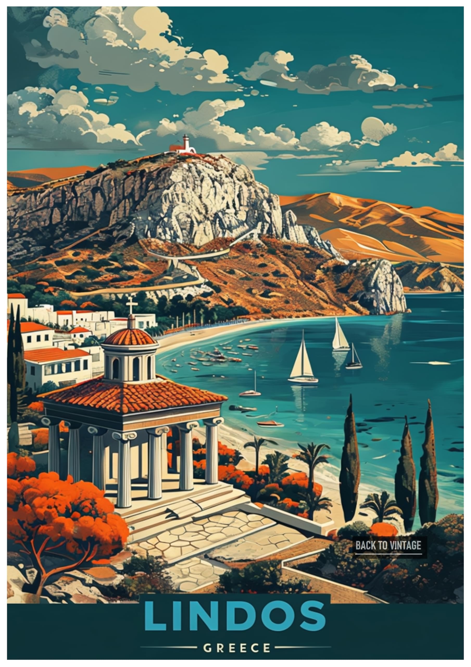 Vibrant Illustration Of Lindos Greece With Rich Colors - Retro Europe Travel Poster A4 Size Vintage Wall Art Print of Famous European Destinations Ideal for Home or Office Decor