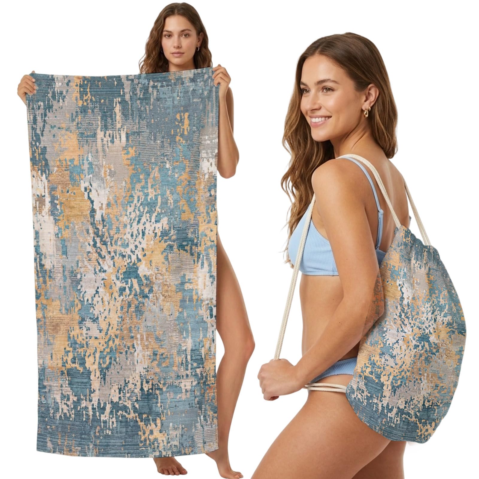 Beach Towel Bag 2 in 1 Blue Painting Bath Pool Towels Backpack Modern Abstract Art Graffiti Absorbent Beach Towel Soft Quick Dry Lightweight Packable Towels Drawstring Bag for Travel Sports Yoga