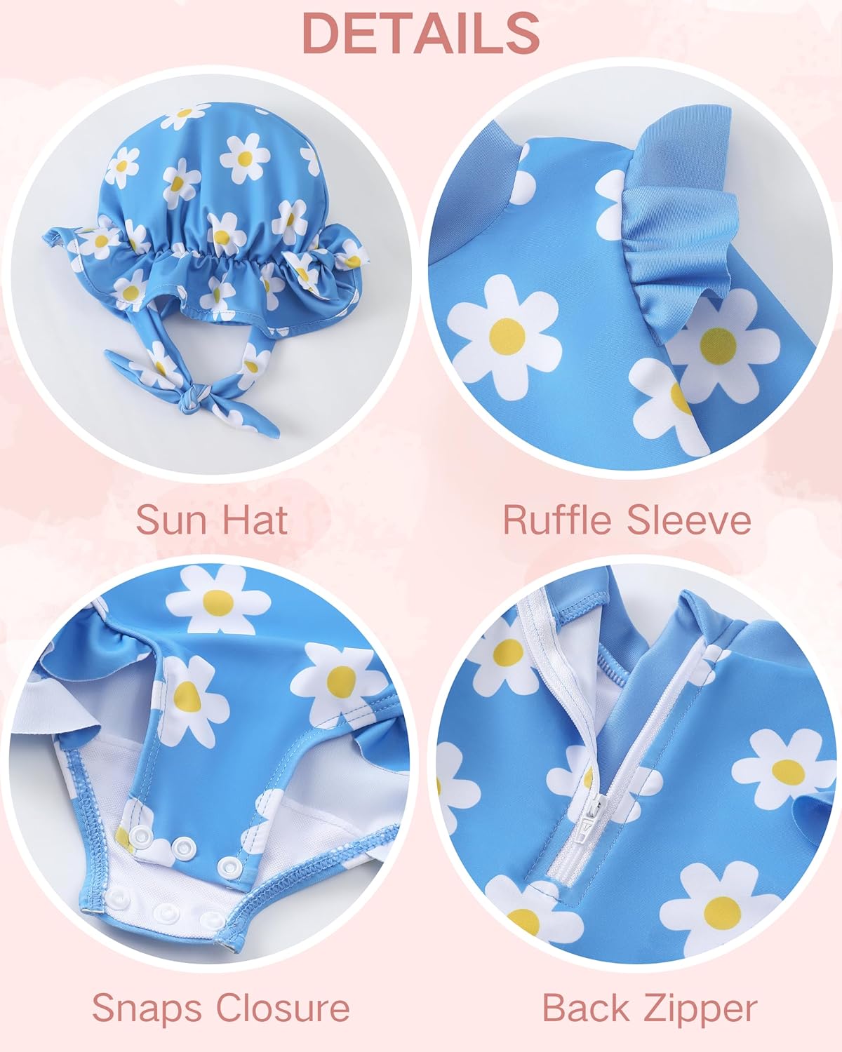 Renotemy Baby Girls Swimsuit Infant Bathing Suit with Hat Zipper Long Sleeve One-Piece Rash Guard Swimwear for Girl 3Month-3T - Image 4