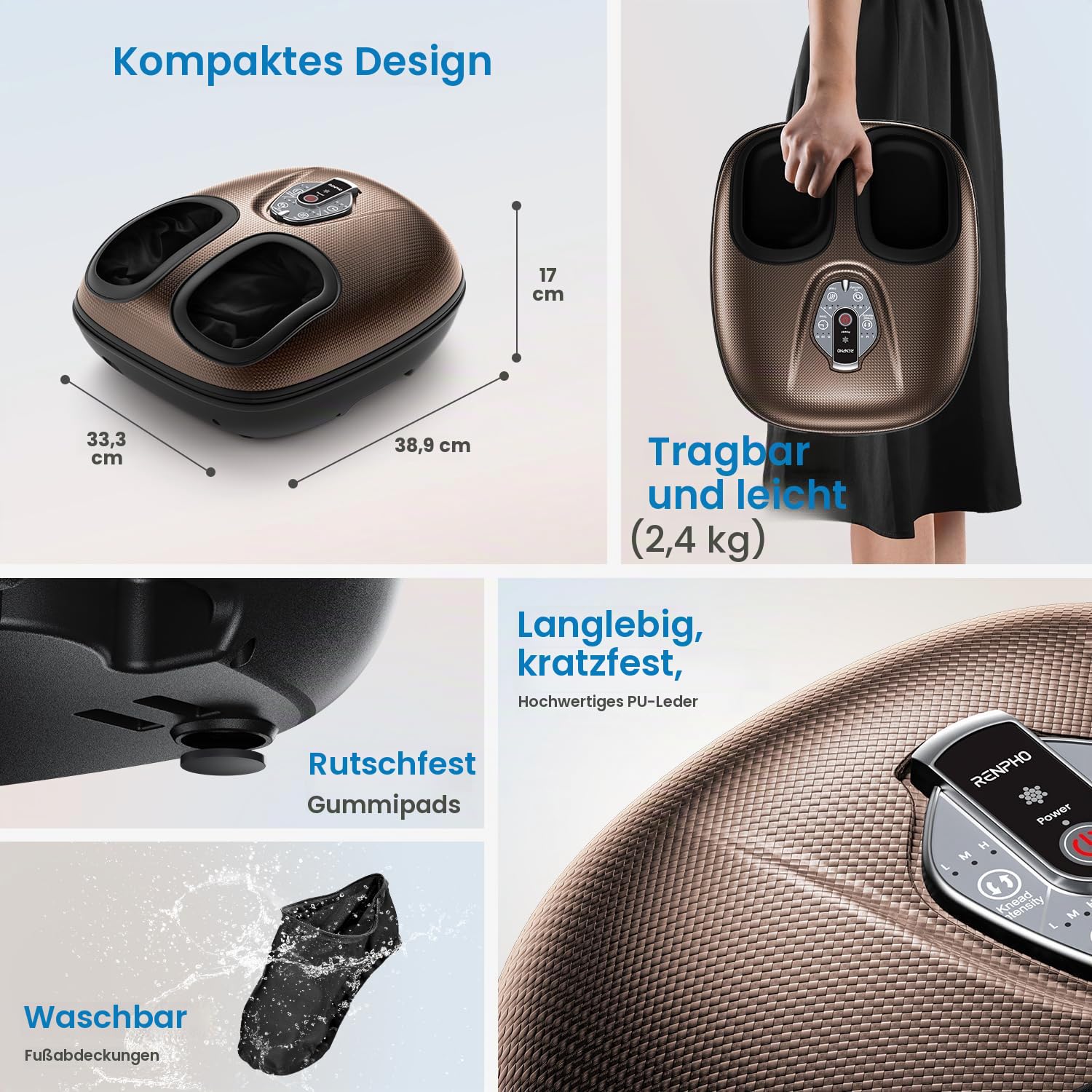 Tragbar Fußmassagegerät mit Wärme, Fussmassagegerät Elektrisch Testsieger | 3D-Knetrollen, Shiatsu-Massage & Luftkompression mit 3 Verstellbaren Intensitäten, Geschenk für Männer, Braun