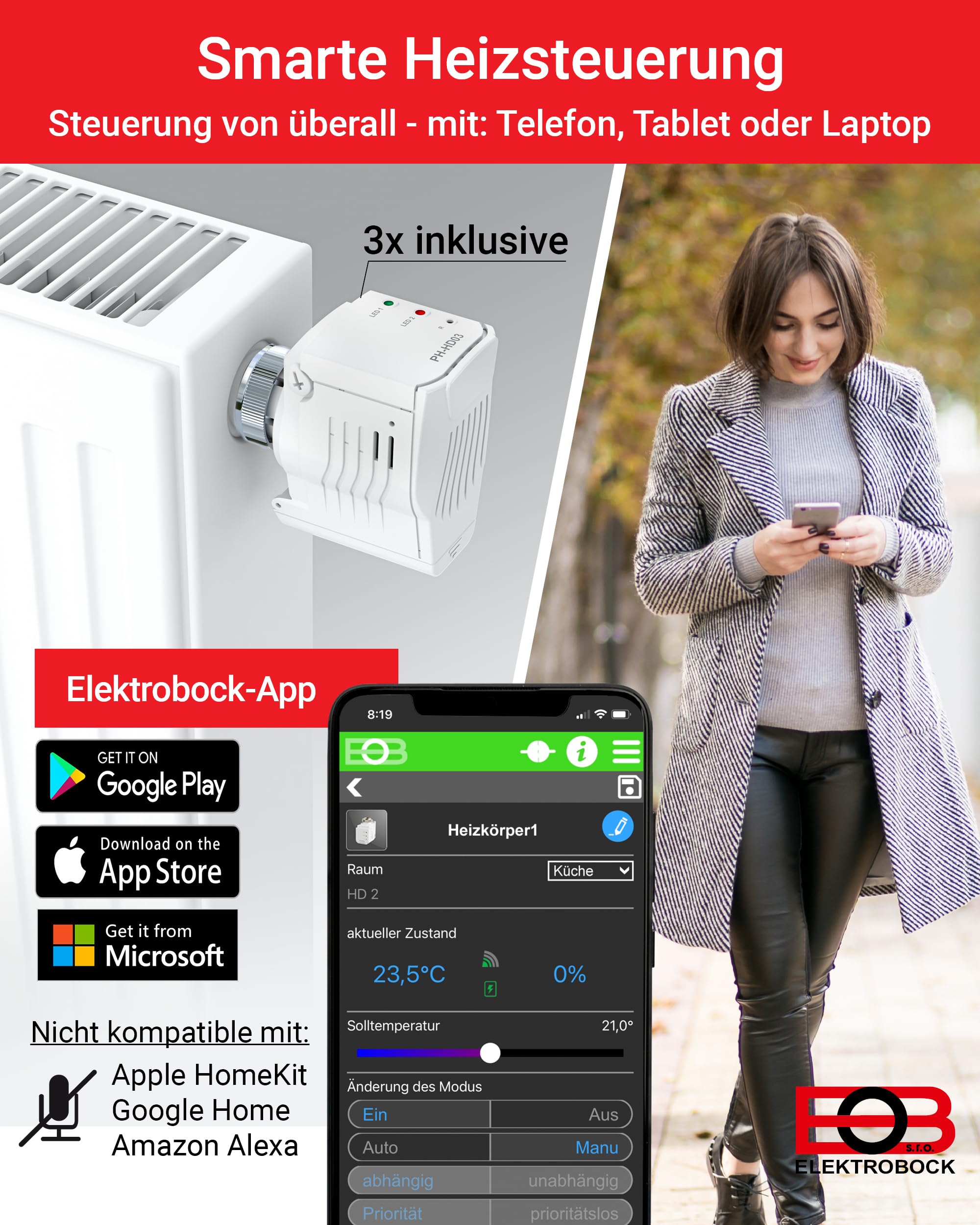 ELEKTROBOCK PH-Starter Pack1 - Controllo del riscaldamento tramite app - 3 termostati per radiatori con gateway - Controllo della temperatura centralizzato - Smart Home - Risparmio energetico
