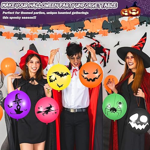 Miniatura 5 de Leyndo 120 globos perforadores de Halloween de 18 pulgadas, bolas redondas de látex con bandas de goma adjuntas para juego de calabaza, premios de