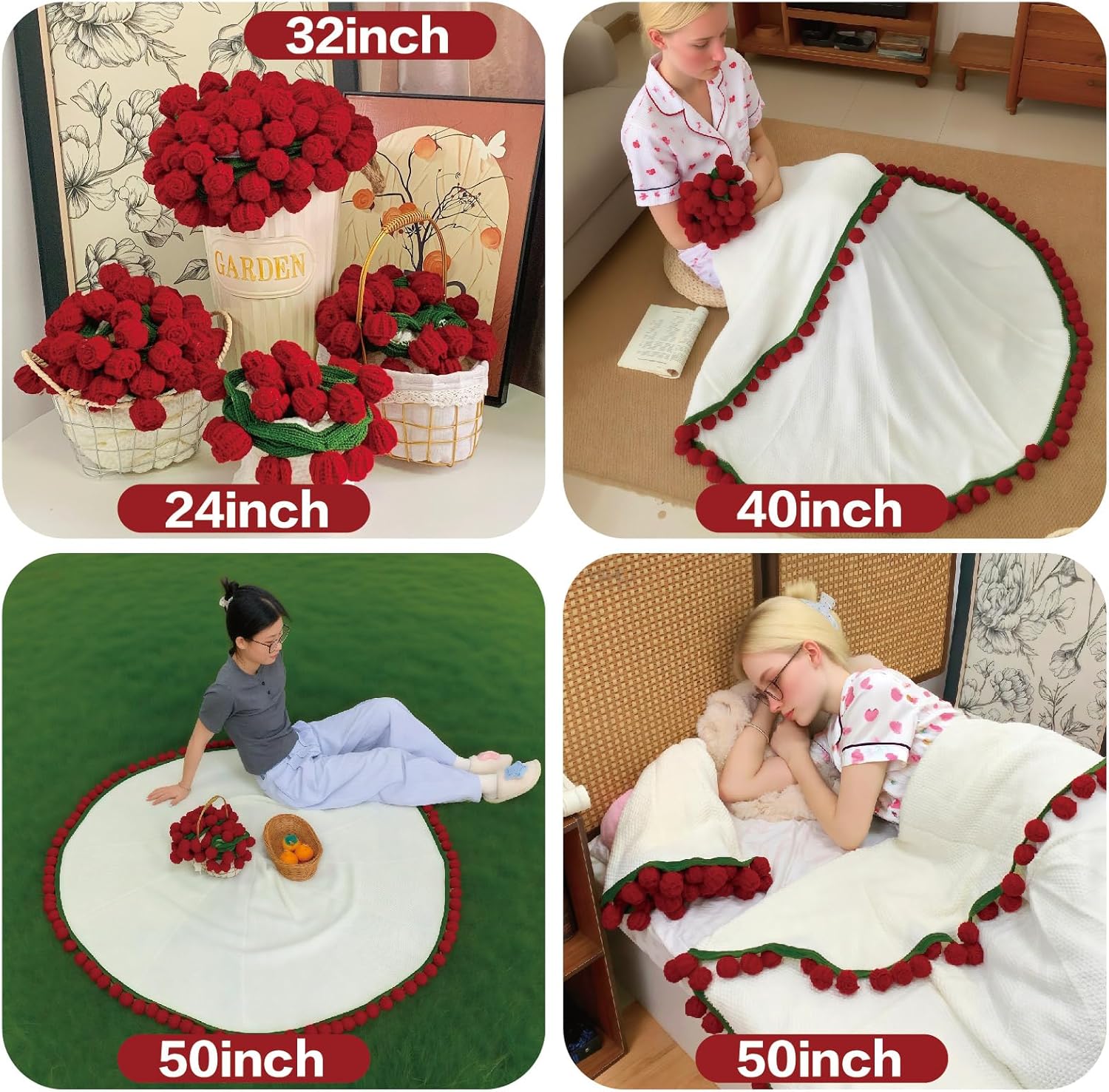 Crochet Flowers Bouquet Blanket, Handmade Rose Blanket, 32 Inch Round Floral Soft and Lightweight Romantic Gifts for Birthday, Wedding, Home Decor, Bed, Sofa-Finished Product - Image 6