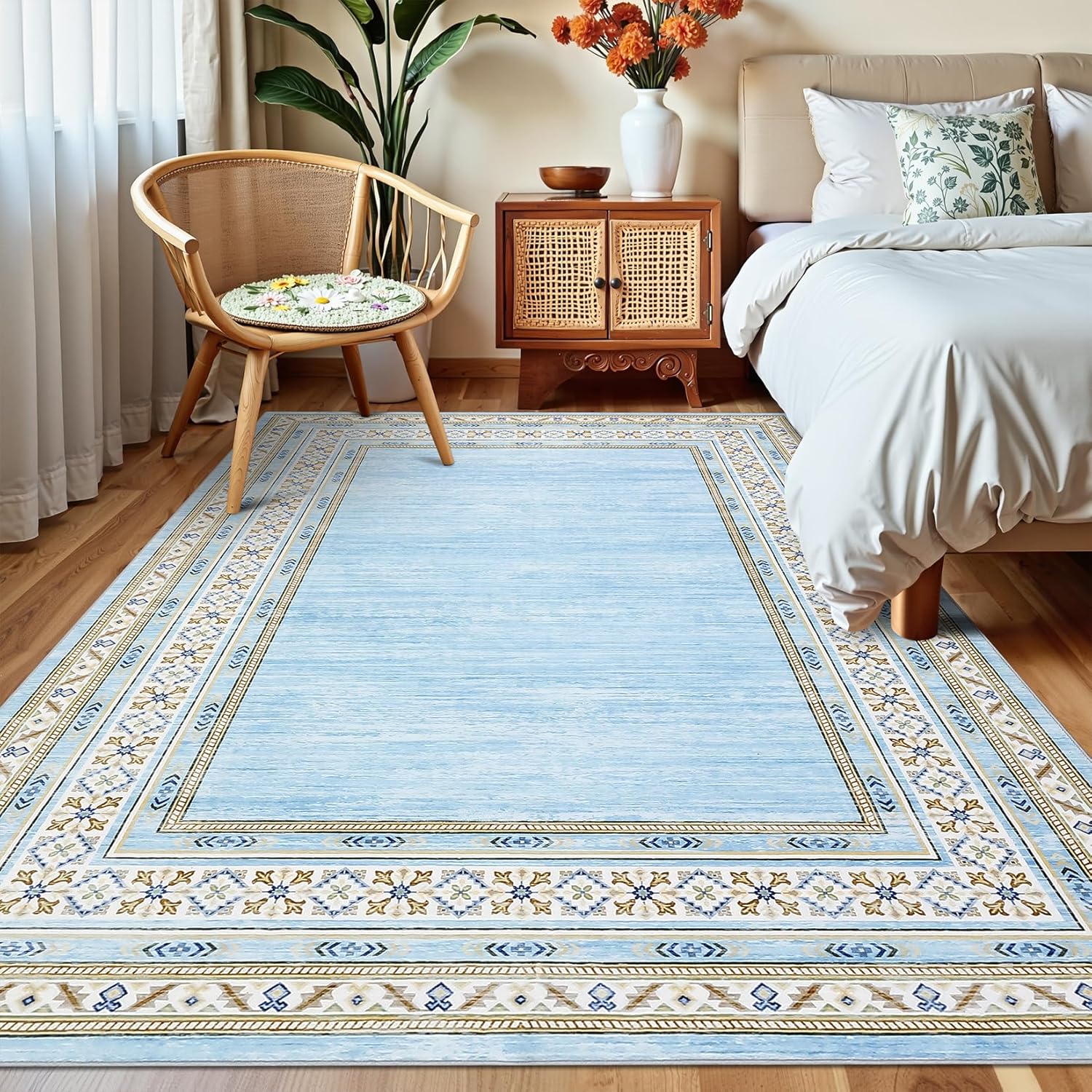 Living Room Area Rug 4x6 Throw Rugs Washable, Non Slip Non Shedding Modern Solid Carpet Stain Resistant Low Pile Foldable Soft Mats for Bedroom, Entryway, Dining Room, Kids Room, Light Blue