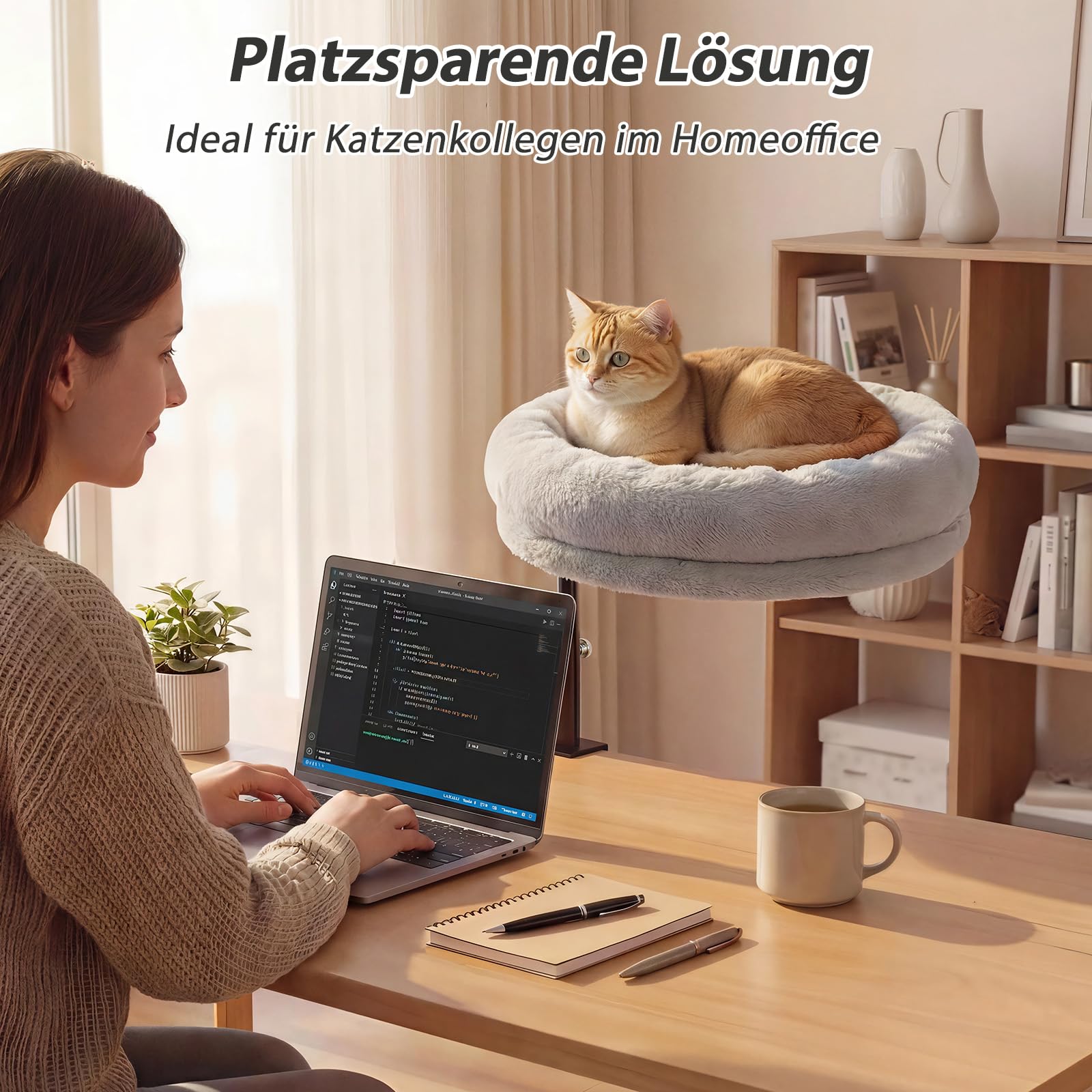 GUUSII HOME Katzenbett Schreibtisch 360° Drehbar & Höhenverstellbar Katzenliege Liegeplatz Katzen Bett Hängematte Tisch Für Homeoffice 43cm Durchmesser Bis 18kg Einfache Montage Waschmaschine（Grau）
