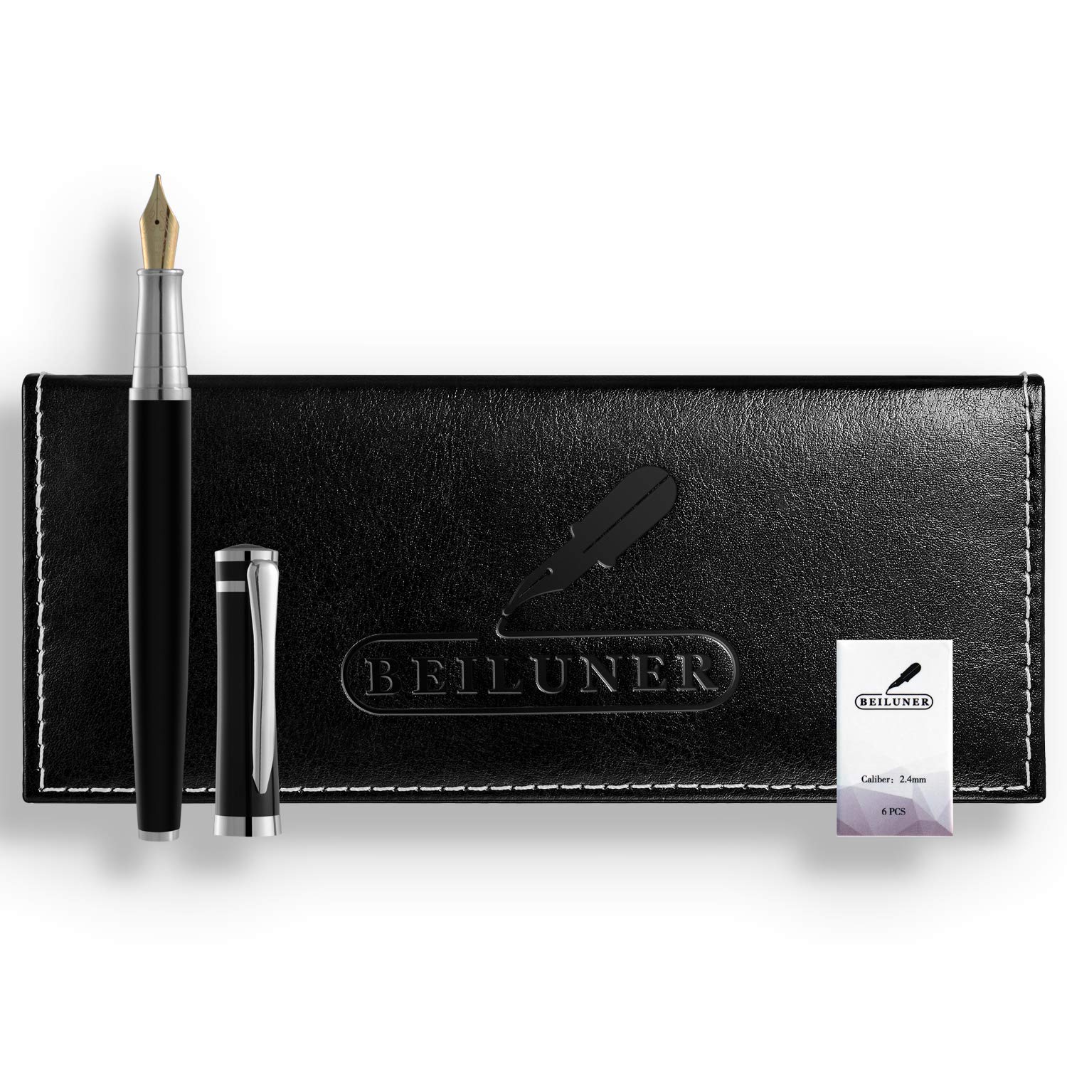 BEILUNER Ensemble de stylo-plume de luxe – Corps en acier inoxydable – Pointe moyenne en iridium Allemagne – Comprend 6 cartouches d'encre et convertisseur de recharge d'encre – Étui cadeau – Parfait
