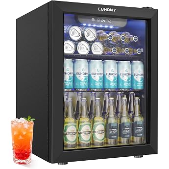 EUHOMY Drinks Fridge with Glass Door, 48L Mini Fridge for 68 Cans, Quiet Beer Cooler with LED & Digital Display, Freestanding