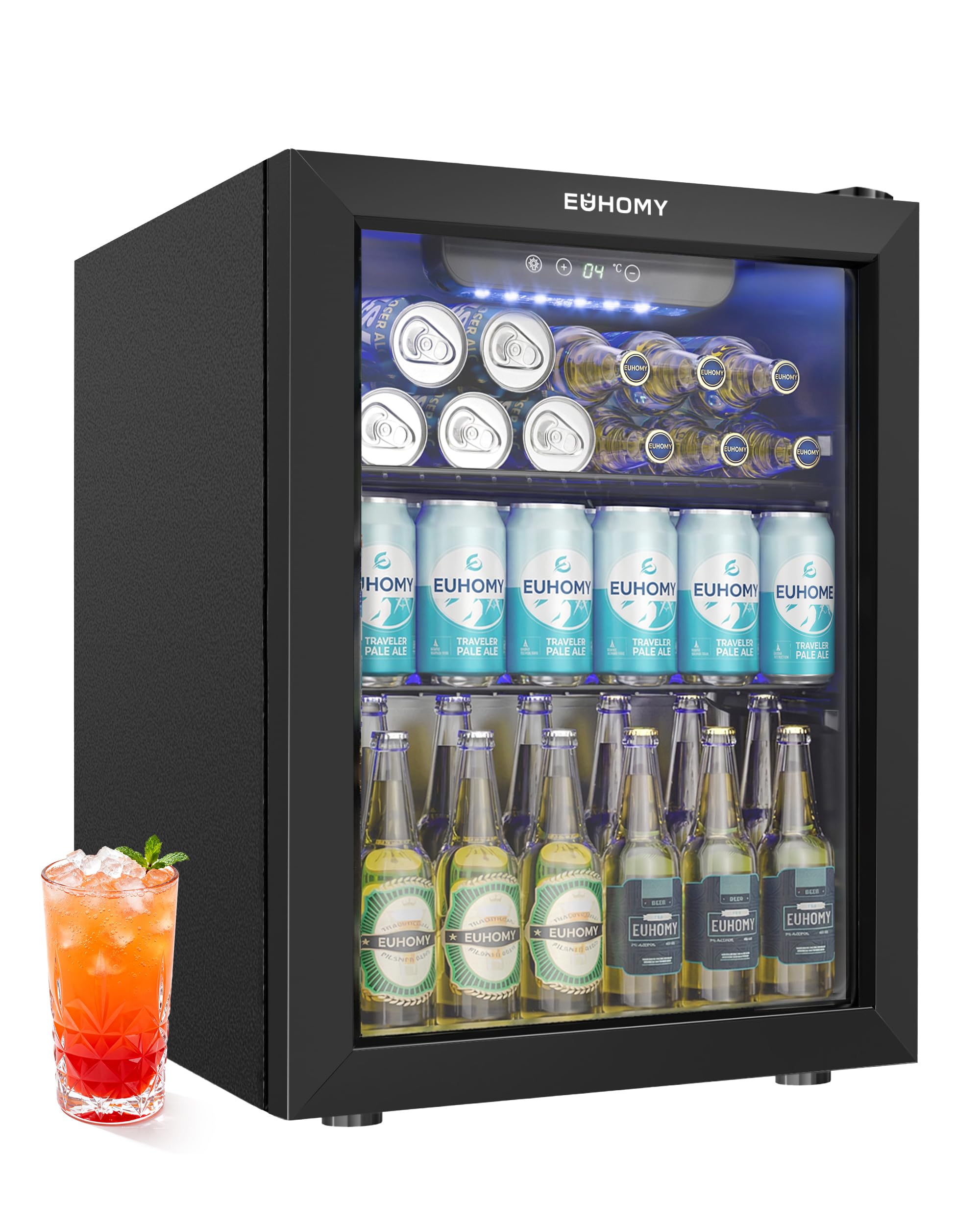 EUHOMY Frigorifero per bevande, 68 lattine/48 l, mini frigorifero con porta in vetro, refrigeratore per birra, frigorifero indipendente con LED, ripiano regolabile e display digitale, nero