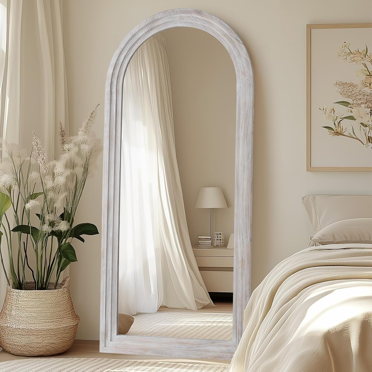 Large Arched Wood Mirror Full Length, 71"X32" Rustic Farmhouse Floor Mirror with Stand for Bedroom Living Room Dressing Room Entryway, Free Standing Mirror Leaning or Wall Mounted, Rustic White - Image 3