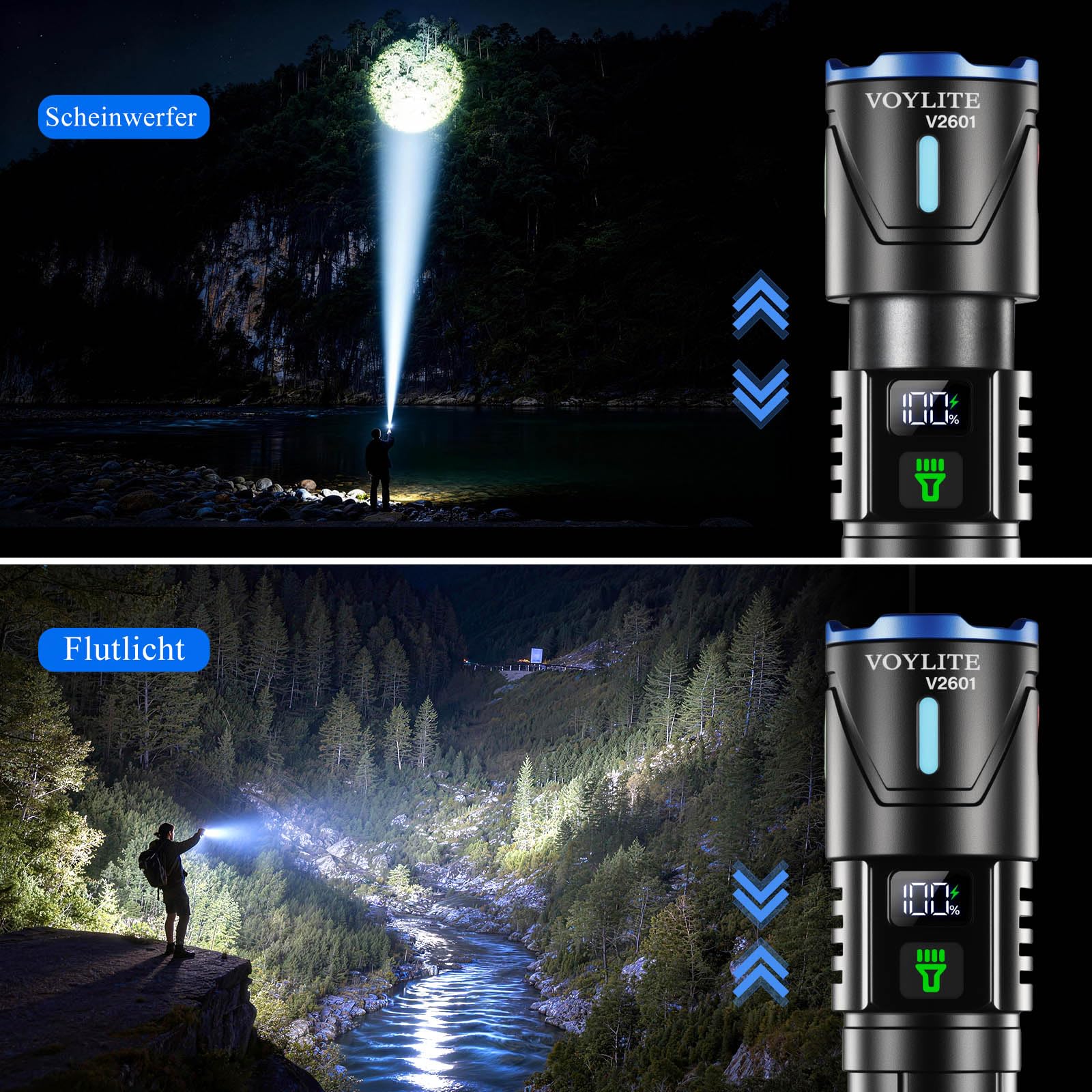 Taschenlampe LED Aufladbar 2-Stück, 1000000 Lumen Extrem Hell, Bis zu 1500m Reichweite, 3 Leuchtmodi & Zoombar, IPX7 Wasserdicht, Taktische LED Taschenlampe für Camping/Outdoor/Wandern