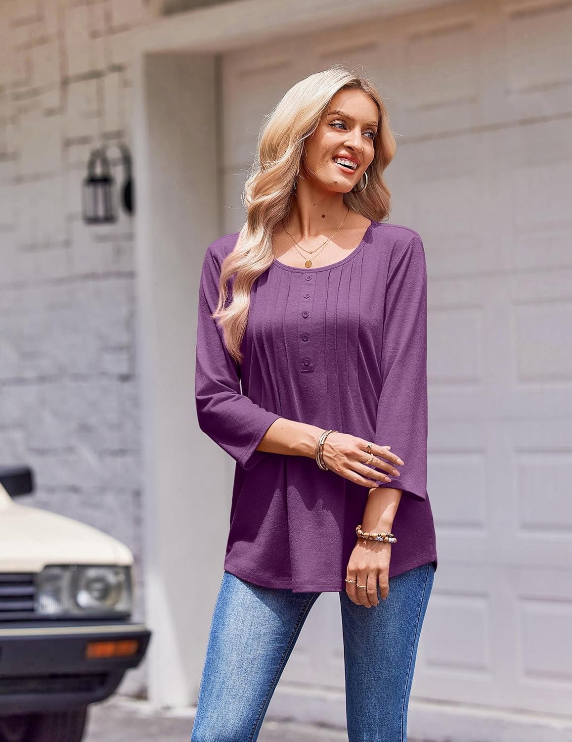 Zeagoo 3/4 Length Sleeve Womens Tops Round Neck Casual Summer Tunic Tops Basic Tees Blouses Dressy T-Shirts Pleated Shirts - Image 3