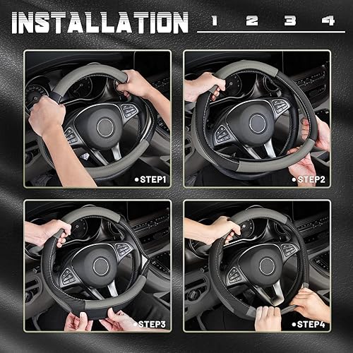 Miniatura 6 de SEG Direct Funda universal para volante de automóvil, de 15 pulgadas, piel de microfibra, color blanco y gris Negro y gris
