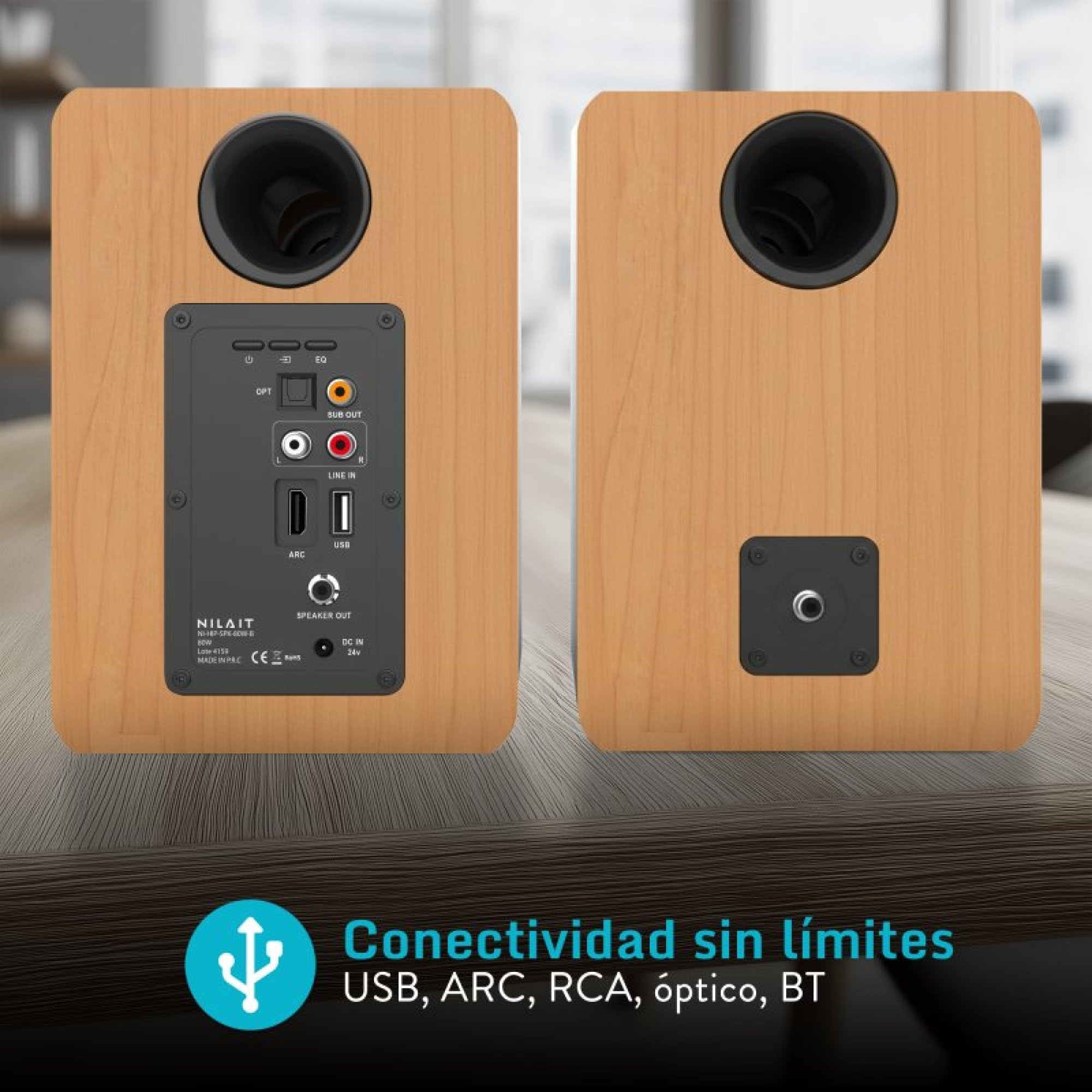 Nilait Hiphoniq Altavoces Bluetooth 80W RMS, Acabado Madera Marrón | Para TV y PC, HDMI ARC, Óptico, USB, RCA, AUX, Bluetooth 5.3, Modos Cine, Música, Diálogo, Mando a Distancia