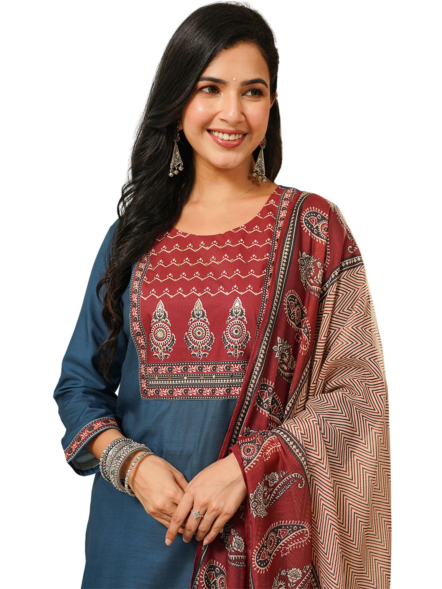 vaamsi Women's Blue Rayon Blend Printed Straight Ethnic Motifs Kurta Trousers With Dupatta Set | Daily Straight Kurta Set For Women | Ethnic Motifs Salwar Suit For Women-picture-33