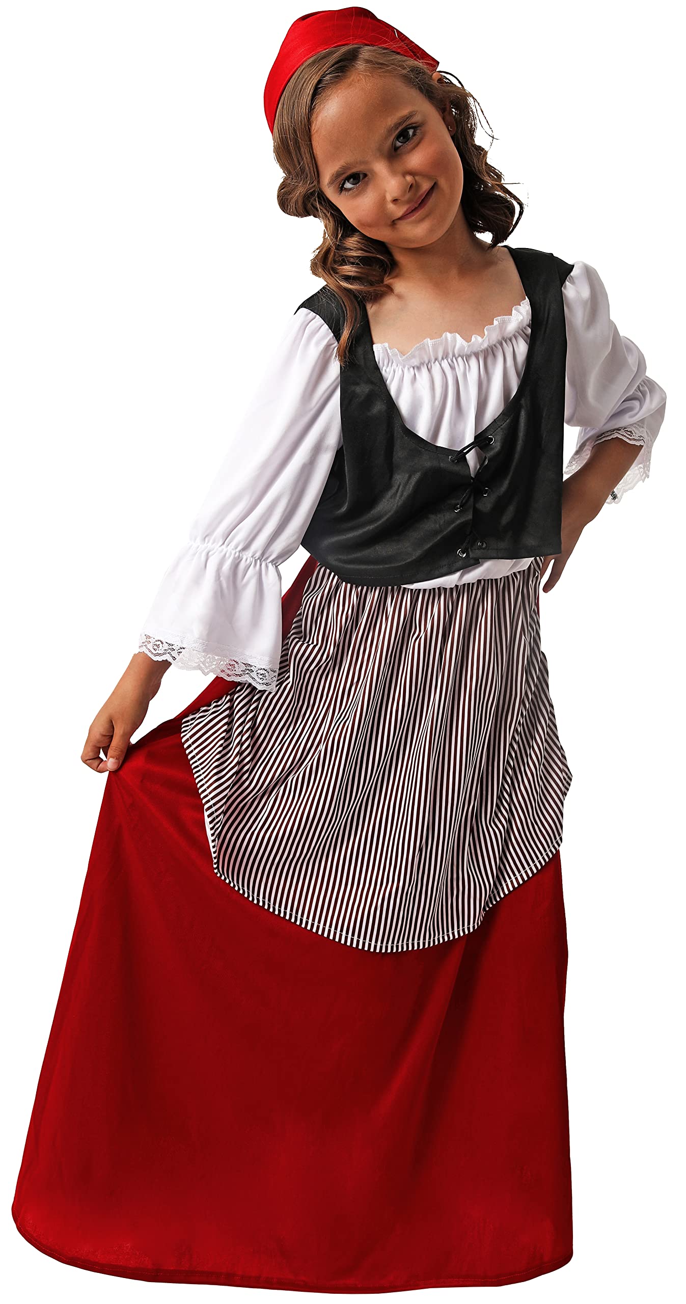 Gojoy shop- Disfraz de Campesina para Niñas Navidad Carnaval (Contiene : Pañuelo,Vestido y Mochila de Cuerdas.4 Tallas Diferentes.)