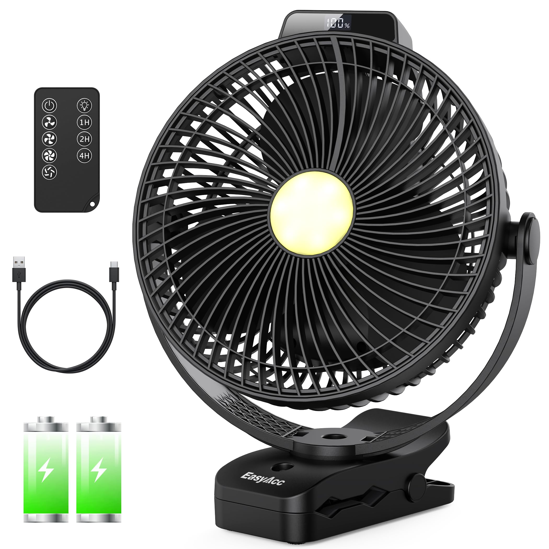 EasyAcc 20000mAh Camping Fan, Up to 43Hours with LED Light, Remote Control, Timer, 720°& 4 Speeds,Power Bank Function Camping Fans, Strong Airflow, Sturdy Clamp for Camping, Caravan, Fishing, Travel
