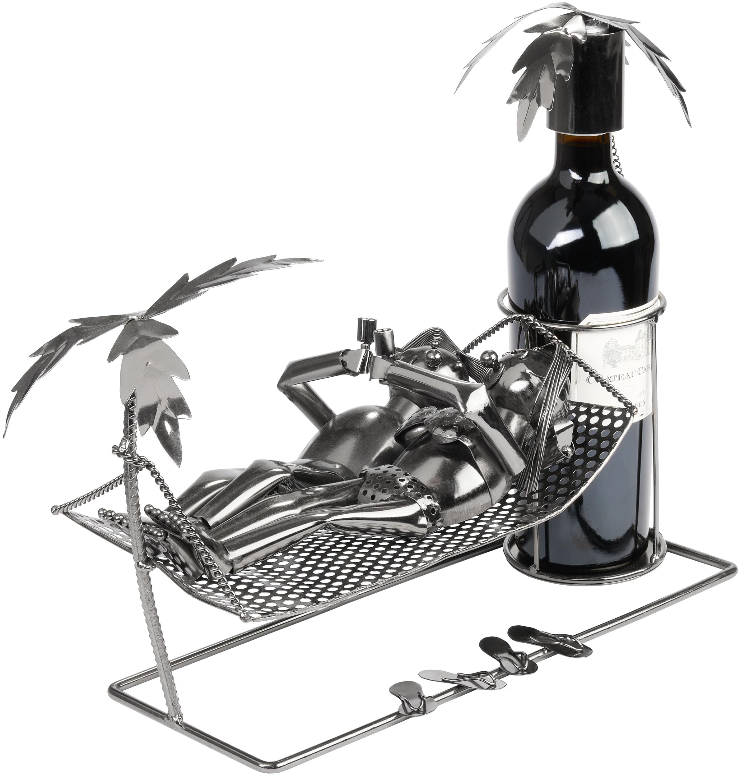 BRUBAKER Porte-Bouteilles de Vin Couple de Vacances | Porte-Bouteilles en Métal Couple en Vacances sur Hamac avec Palmiers - 40 cm Cadeau de Vin pour Vacances