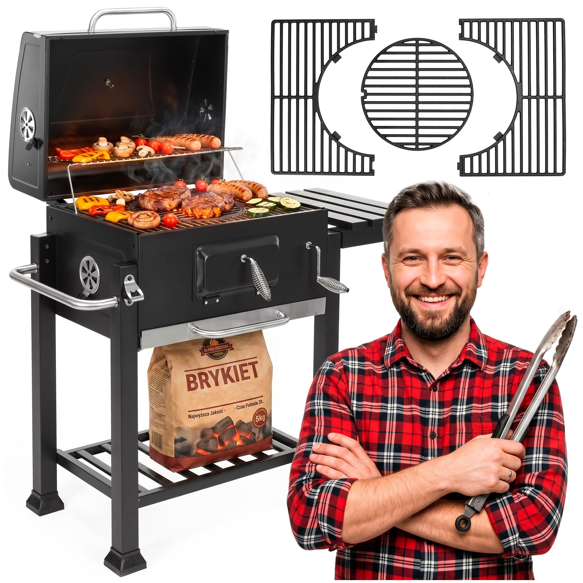 Grill na węgiel drzewny, grill na kółkach, z pokrywką, termometr, ruszt na węgiel drzewny, z półkami, otwieraczem do butelek, kółkami, na kemping SPRINGOS