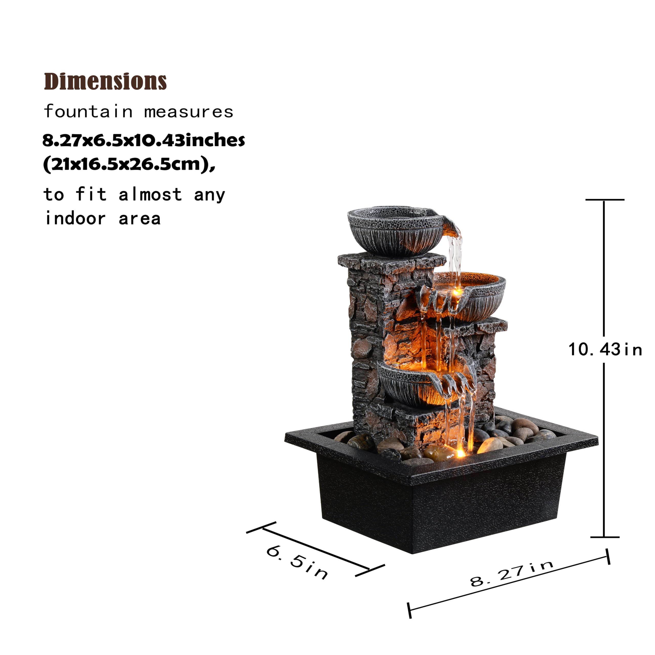 UNITEDESSENTIALINDOOR Tabletop Fountain 3 Bowls with LED Light Soothing Water Flowing Sound Fountain Zen/Meditation Home/Office Decor Home Décor Relaxation Indoor (23113) 3
