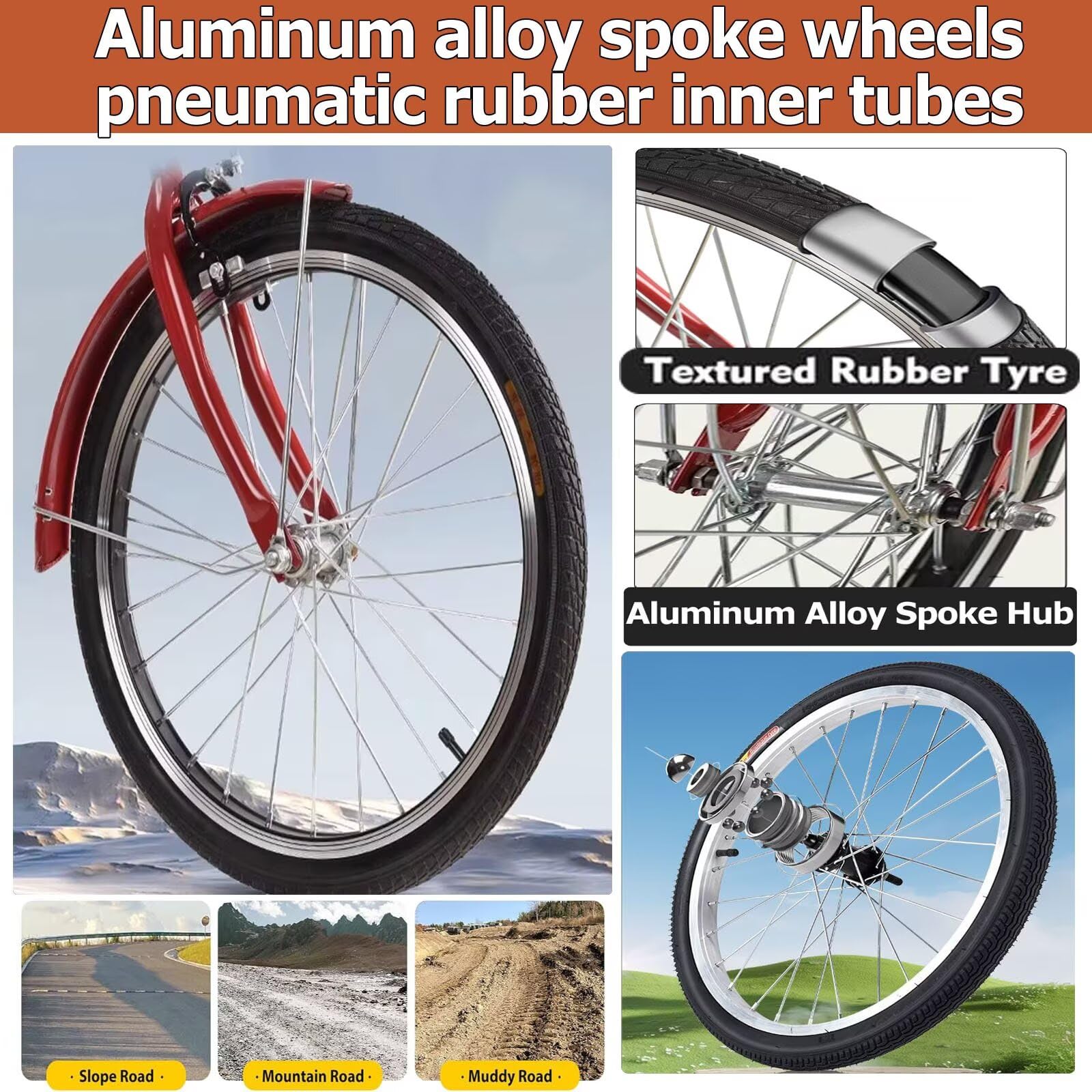 Bicicletta a tre ruote Trike for adulti a tre ruote, cestello da carico con freno a campana 18 pollici, telaio in acciaio al carbonio nero rosso(Red)
