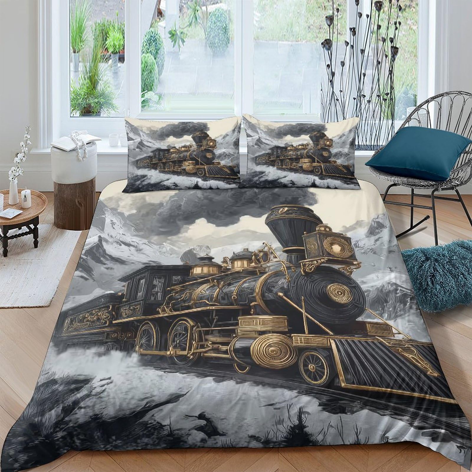 Ctjqhvkz Style-6 3D Printed Steam Train Fitted Sheet Microfiber Black Gold Retro Locomotive Mattress Cover For Bedroom Guest Room Decor Single（135X200cm）