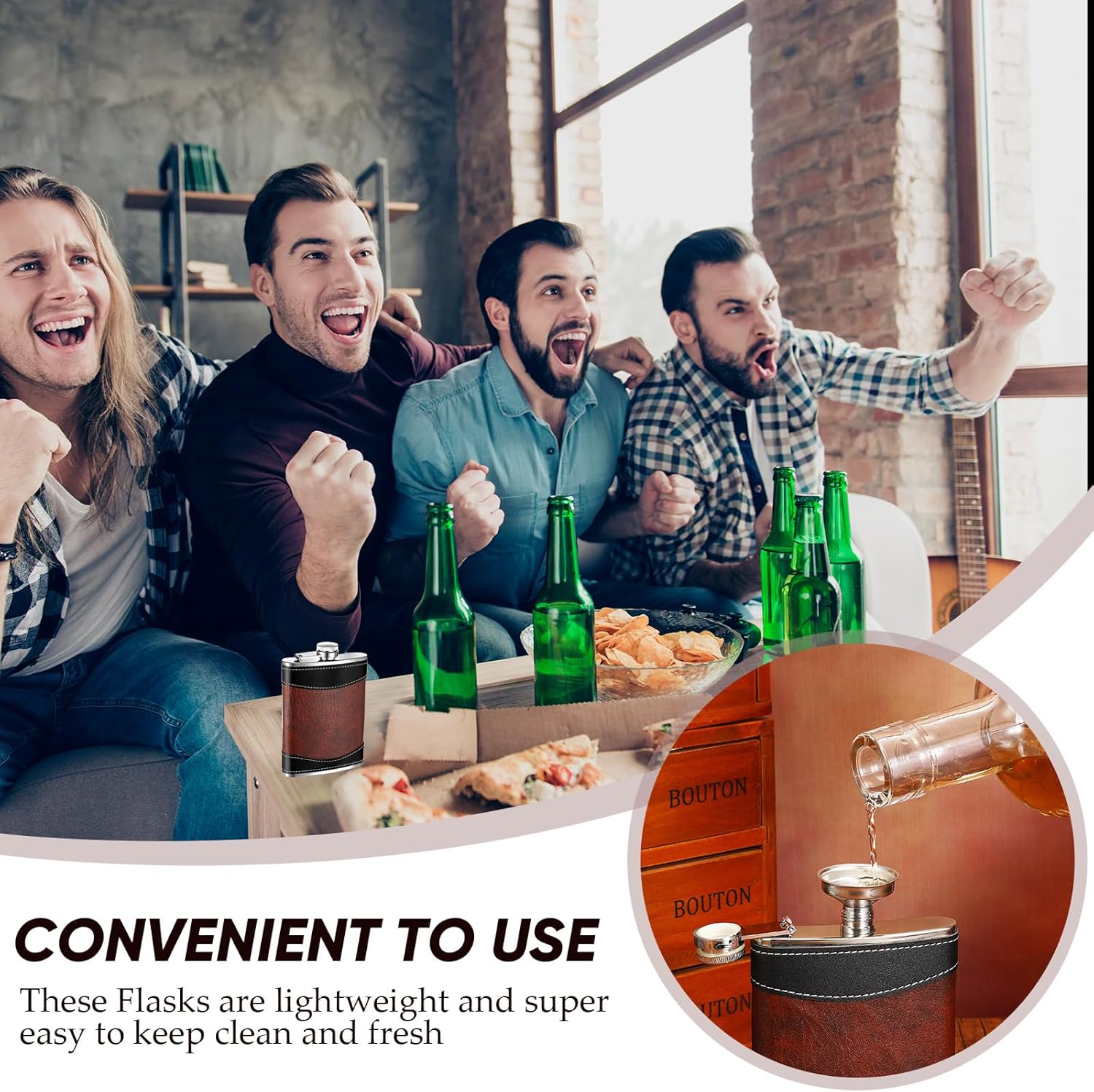 6 Set 8 oz Leather Wrapped Hip Flasks for Liquor Leak Proof Stainless Steel Whiskey Flasks with 1 oz Cups and Funnels Set of 6 Groomsman Proposal Gifts for Men Father Birthday Wedding - Image 5