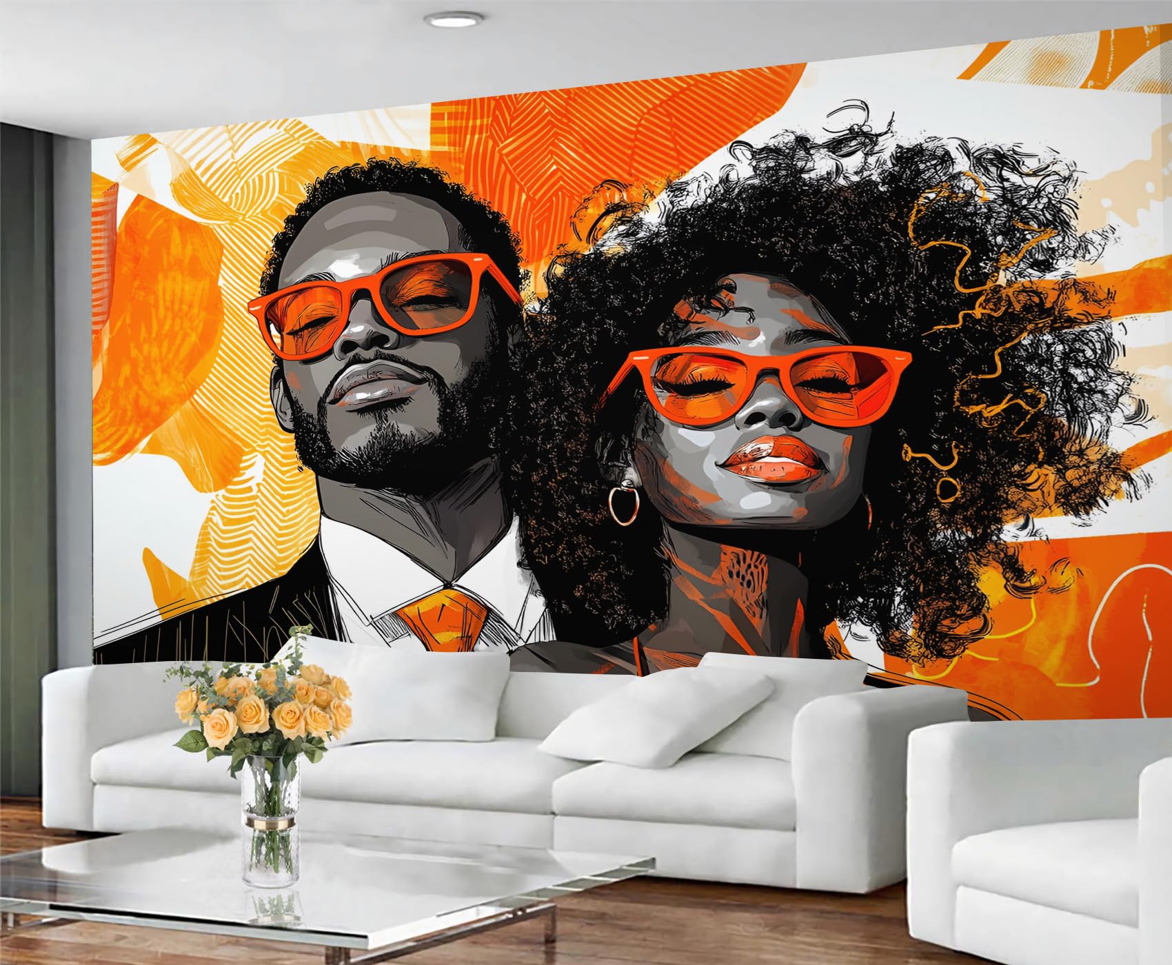 African American Wall Mural - Fashion Black Couple Murals, Orange Line Geometry Large Wall Murals for Living Room, African American Mural - 55