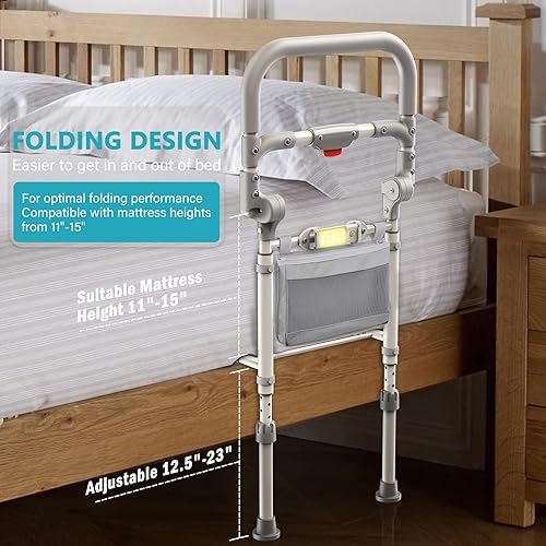 Miniatura 4 de inkolelo Rieles de cama para adultos mayores, riel de asistencia lateral plegable de seguridad para personas mayores con luz con sensor de