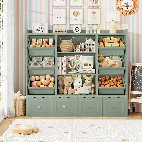 Miniatura 8 de HITHOS Organizador de almacenamiento de juguetes para niños de 55 pulgadas de ancho, caja de juguetes grande con estantería, baúl de juguetes con 3