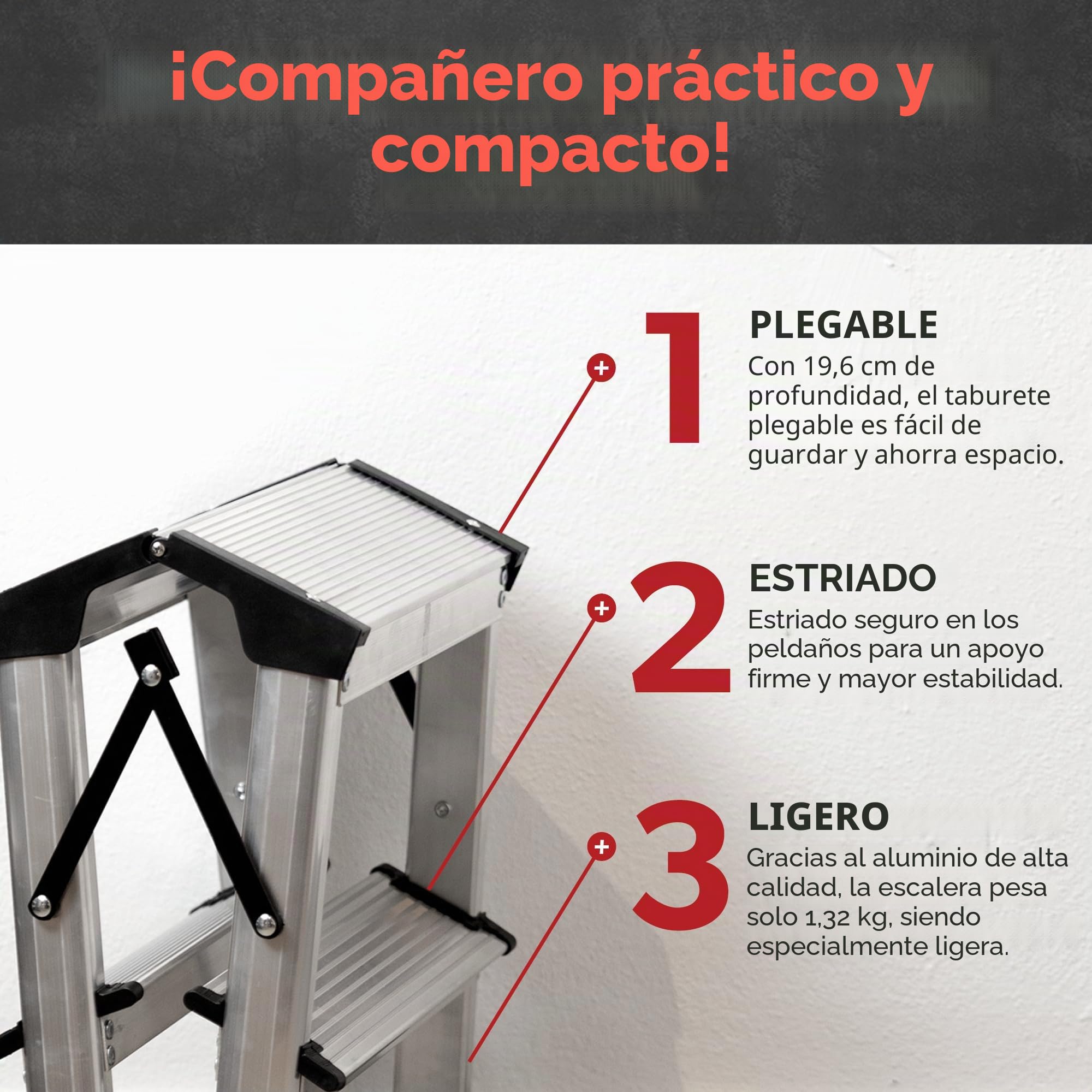 Siwitec Escalera de 1 escalón, taburete de aluminio resistente hasta 150 kg, plataforma plegable para camping, cocina y baño, certificado TÜV