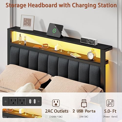 Miniatura 7 de Furnulem Marco de cama tamaño matrimonial con estación de carga y luces LED, cabecero tapizado en gris con estantes, cama de plataforma de metal con
