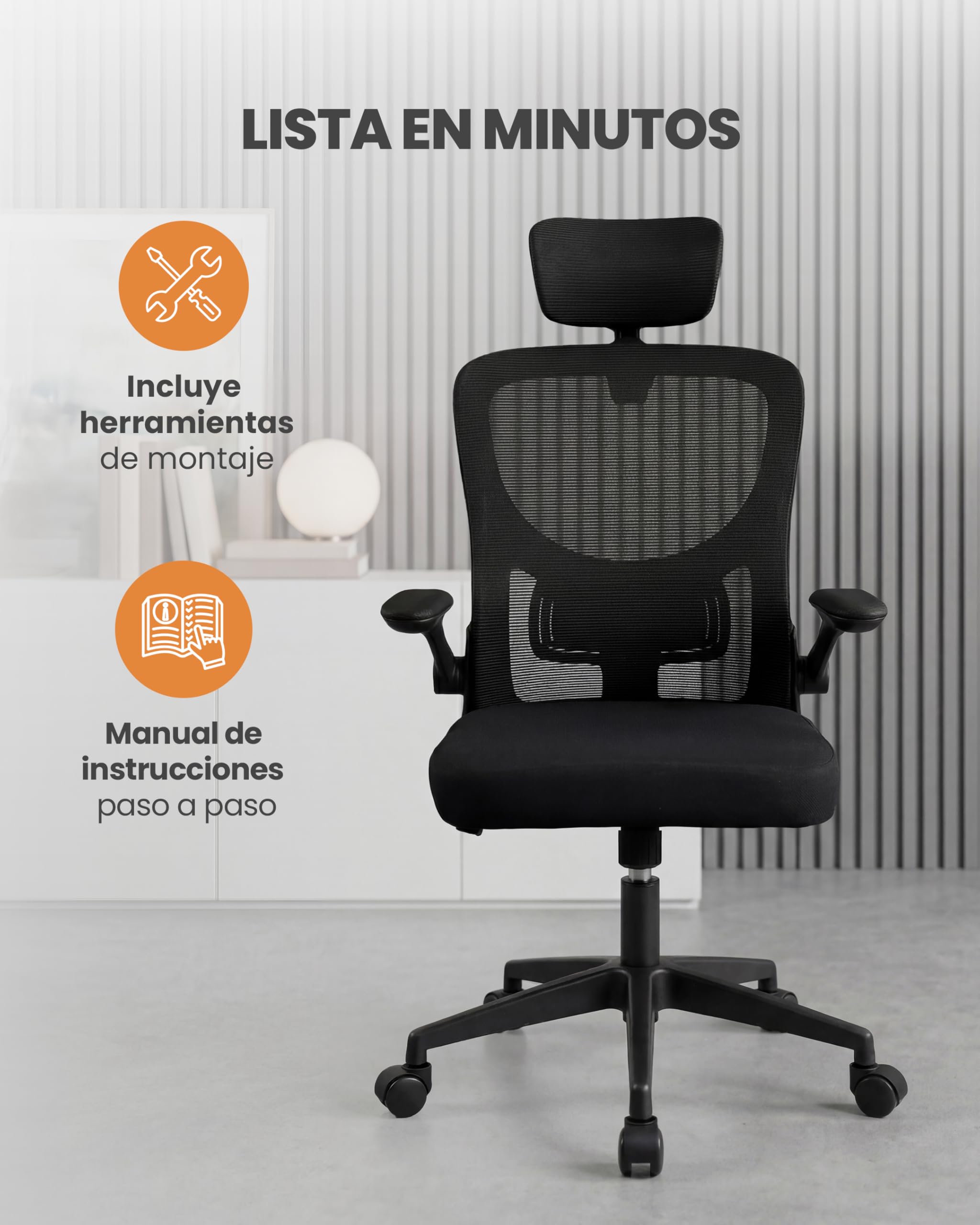 unycos - Silla de Oficina o Escritorio Ergonómica con Reposacabezas y Reposabrazos Abatibles【Soporta hasta 130 kg】 Respaldo con Malla Transpirable, Regulable en Altura, Ruedas Giratorias 360° (Negro)