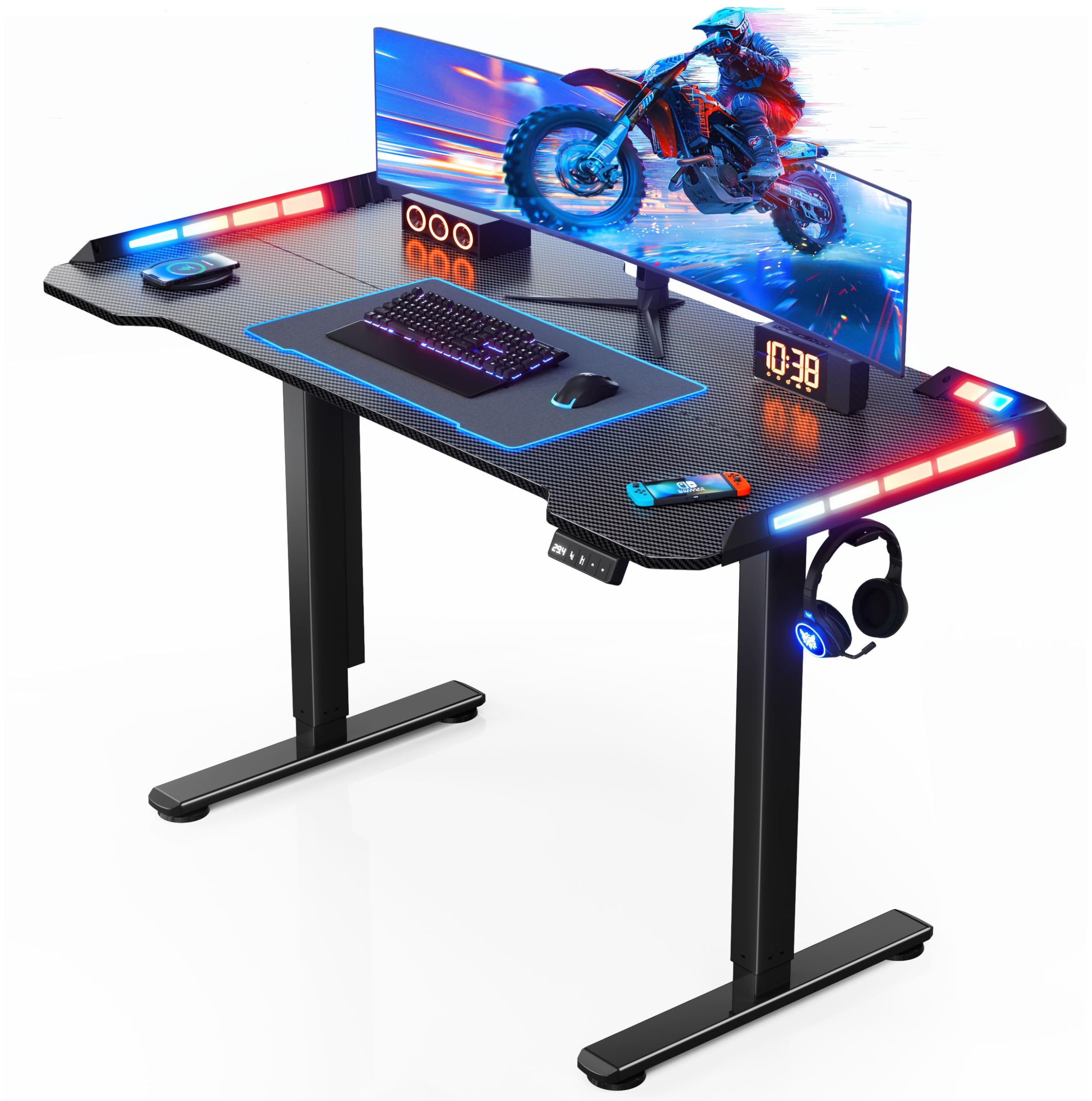 Flycity Gaming Standing Desk with LED Lights & APP Control, 48" x 24" Gaming Table with Music Sensing, Underdesk Cable Storage Electric Standing Desk,