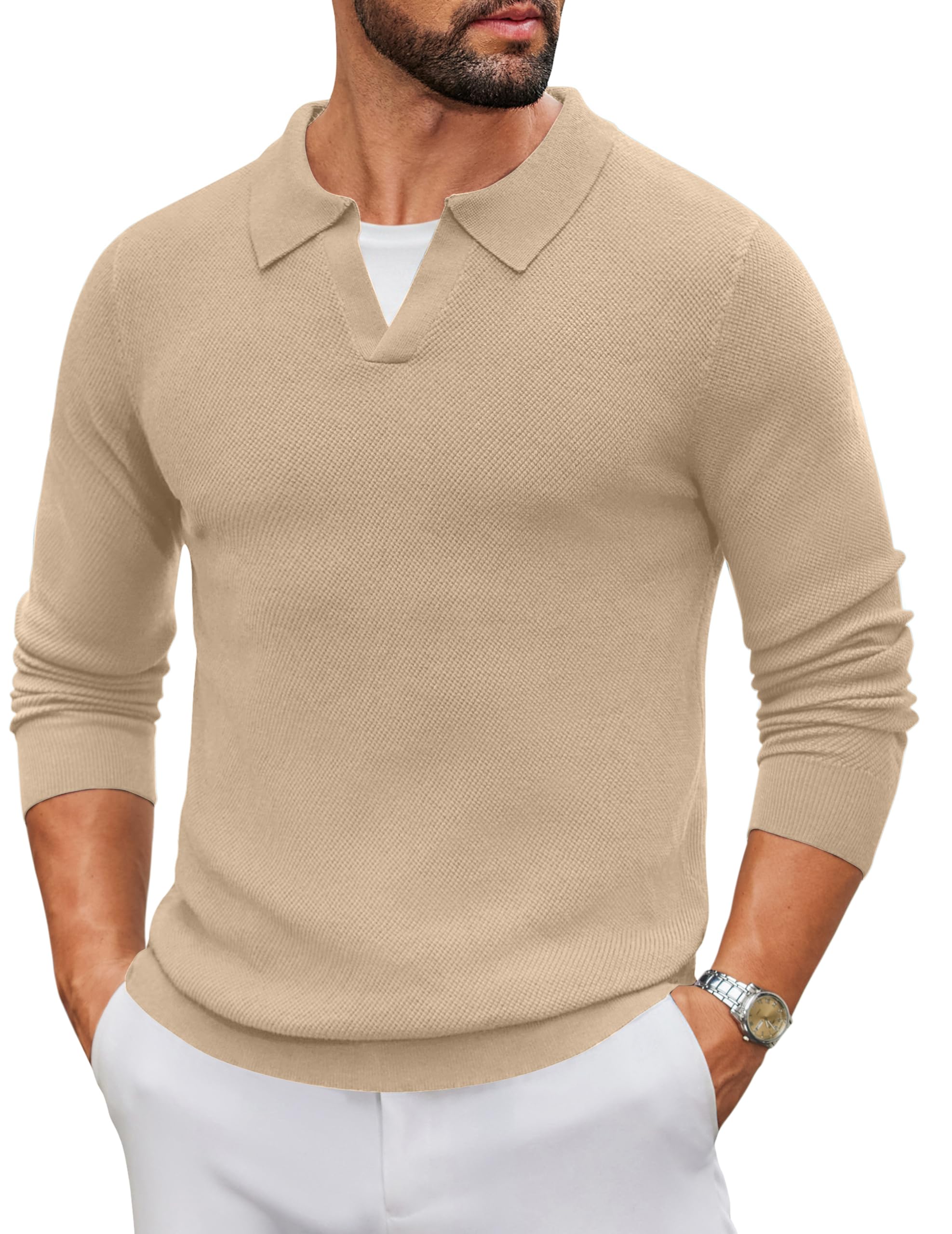 COOFANDY Mens Knit Polo Sweater Long Sleeve V-Neck Pullover Sweaters Casual Collared Ribbed Knitted Polos