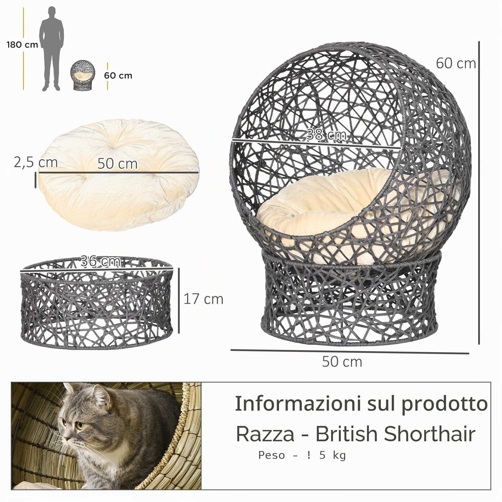 PawHut Cuccia per gatti con cuscino, cuccia per gatti in corda di poliestere, cuccia per gatti con base cilindrica, letto per animali domestici, viola+bianco crema, 50 x 50 x 60 cm